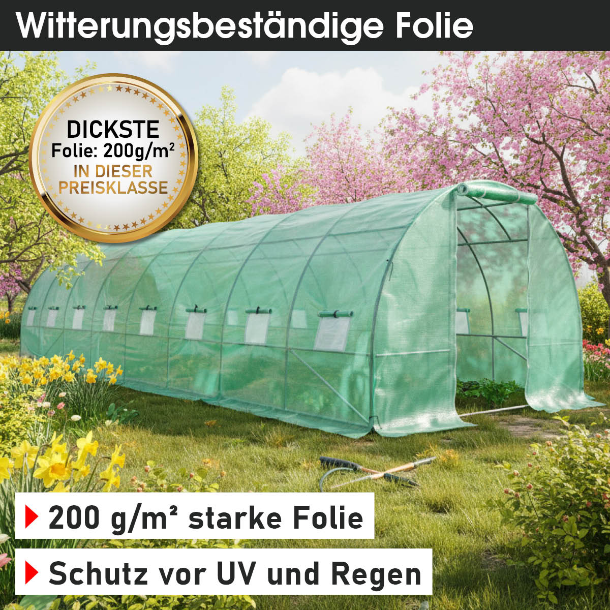 Folien-Gewächshaus 24, 3x8m inkl. Erdanker & Unkrautvlies