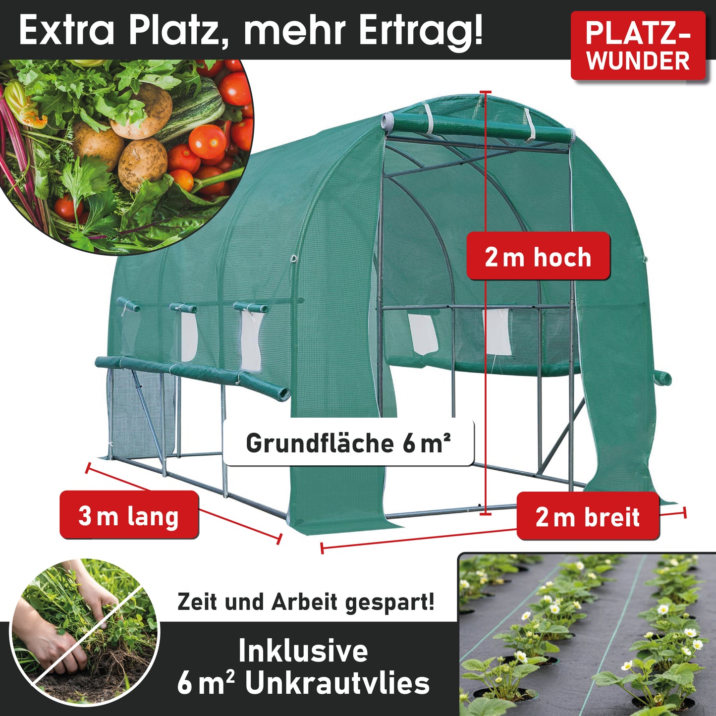 Foliengewächshaus 06 rollbar, 2x3m inkl. Erdanker & Unkrautvlies