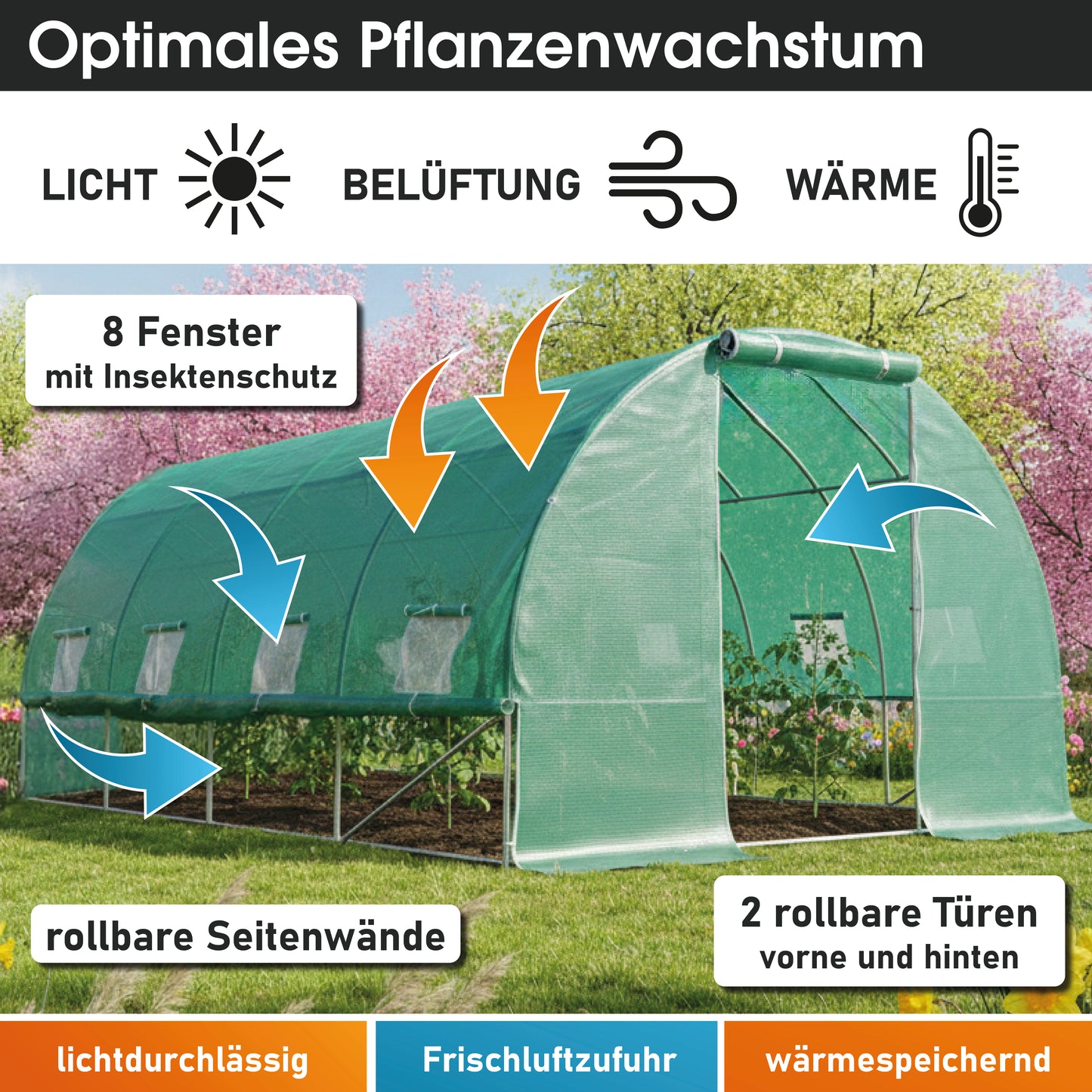 Foliengewächshaus 12 rollbar, 3x4m inkl. Erdanker & Unkrautvlies