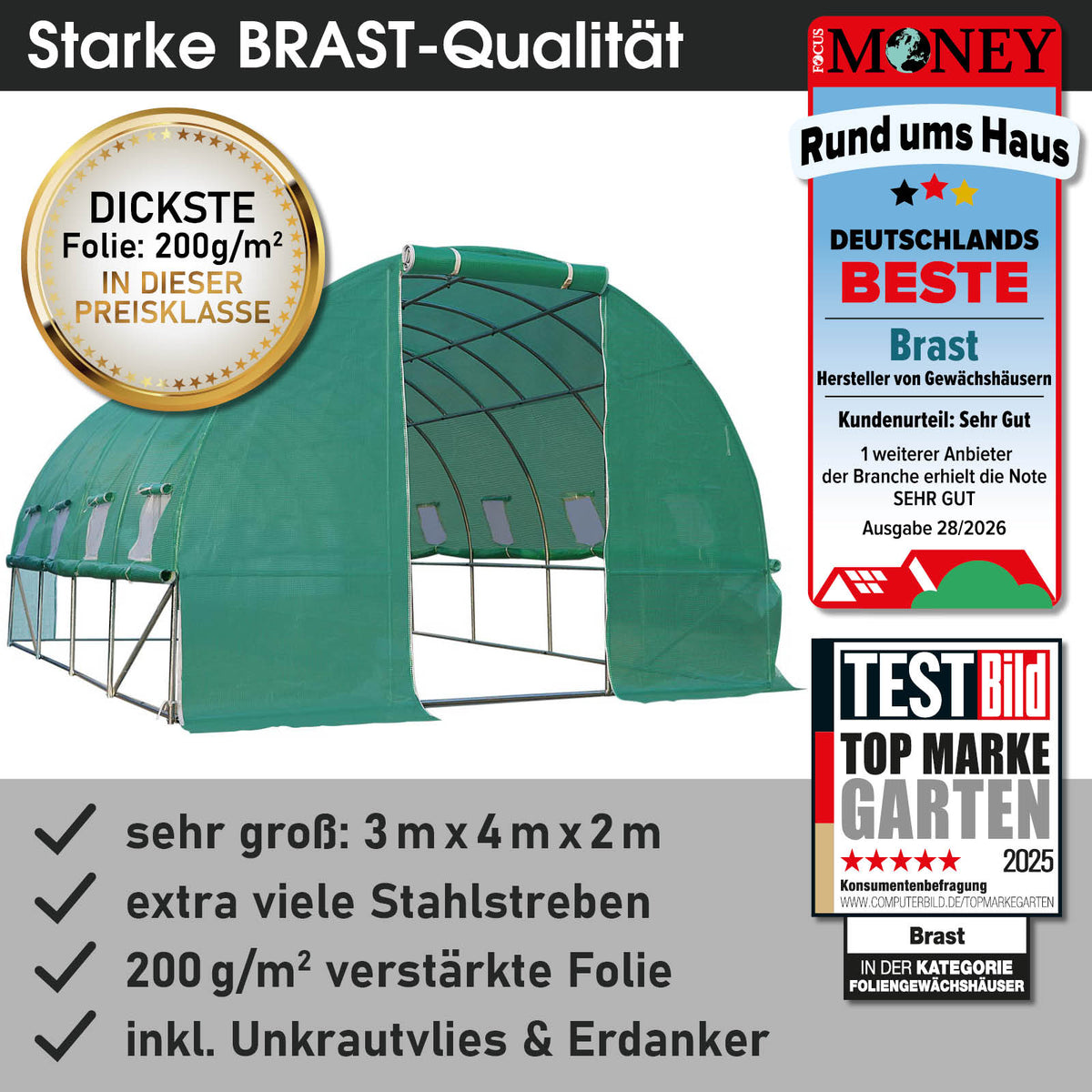 Foliengewächshaus 12 rollbar, 3x4m inkl. Erdanker & Unkrautvlies