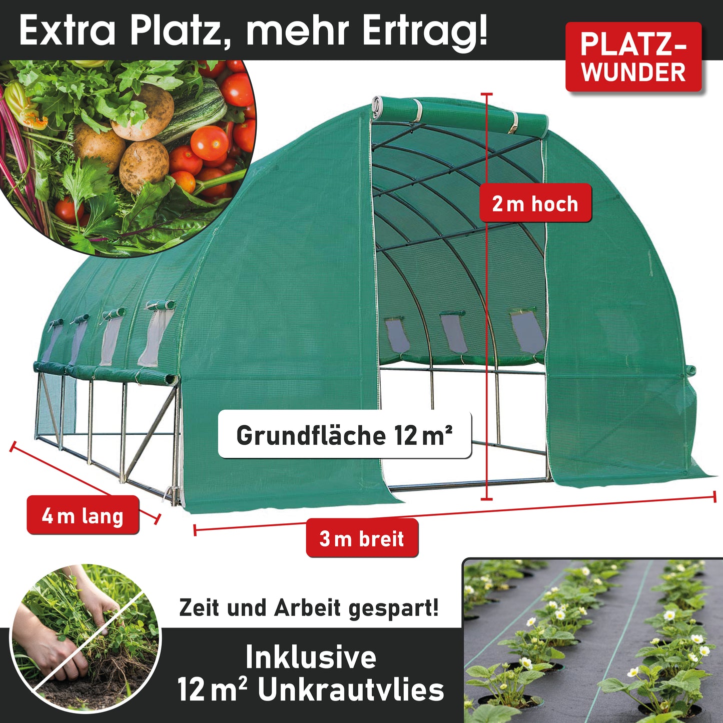 Foliengewächshaus 12 rollbar, 3x4m inkl. Erdanker & Unkrautvlies