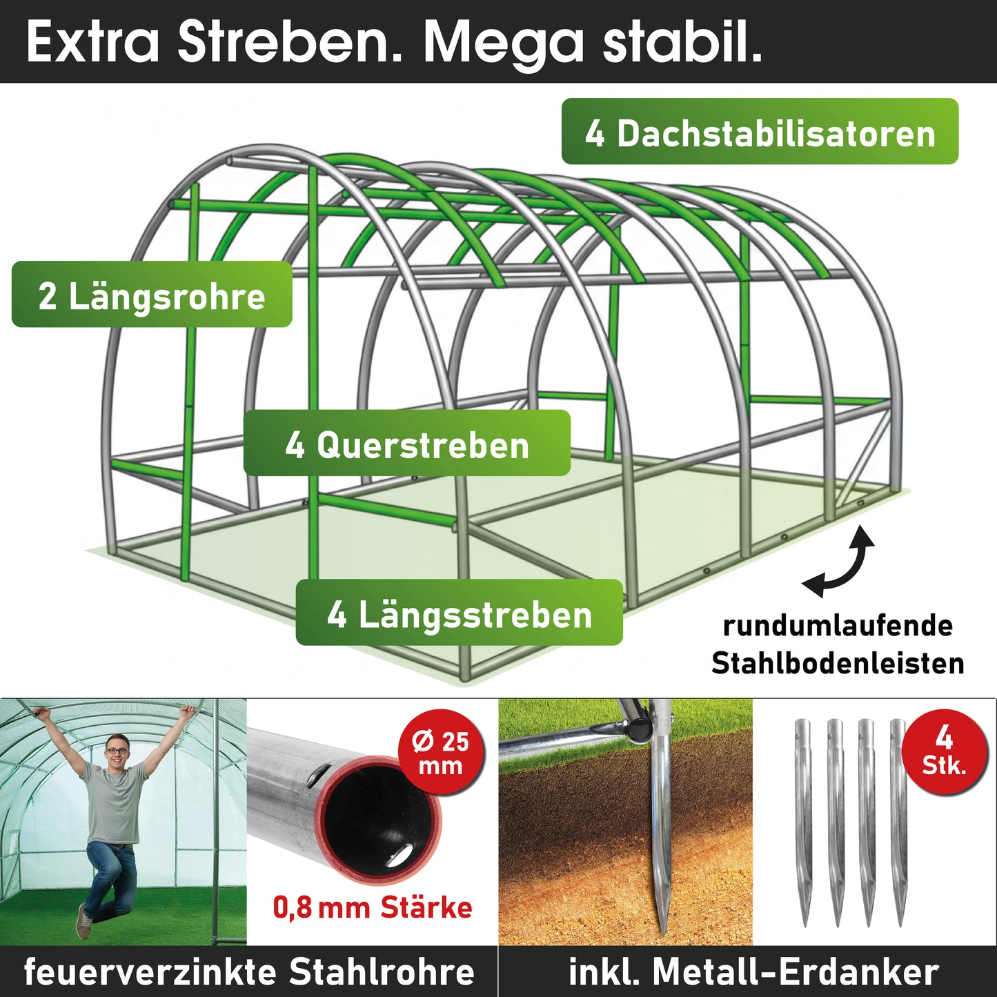 Foliengewächshaus 12 rollbar, 3x4m inkl. Erdanker & Unkrautvlies