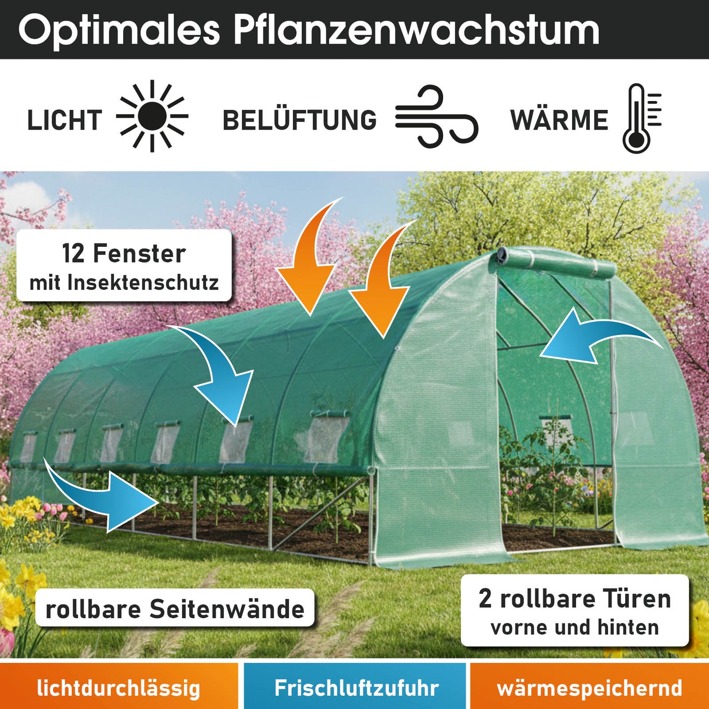 Foliengewächshaus 18 rollbar, 3x6m inkl. Erdanker & Unkrautvlies