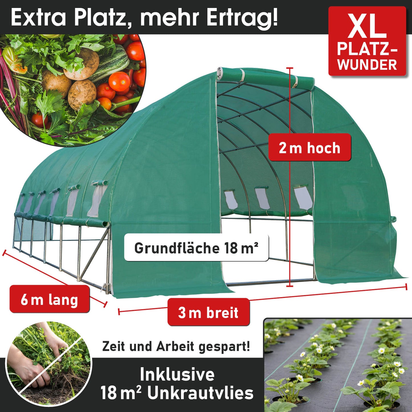 Foliengewächshaus 18 rollbar, 3x6m inkl. Erdanker & Unkrautvlies