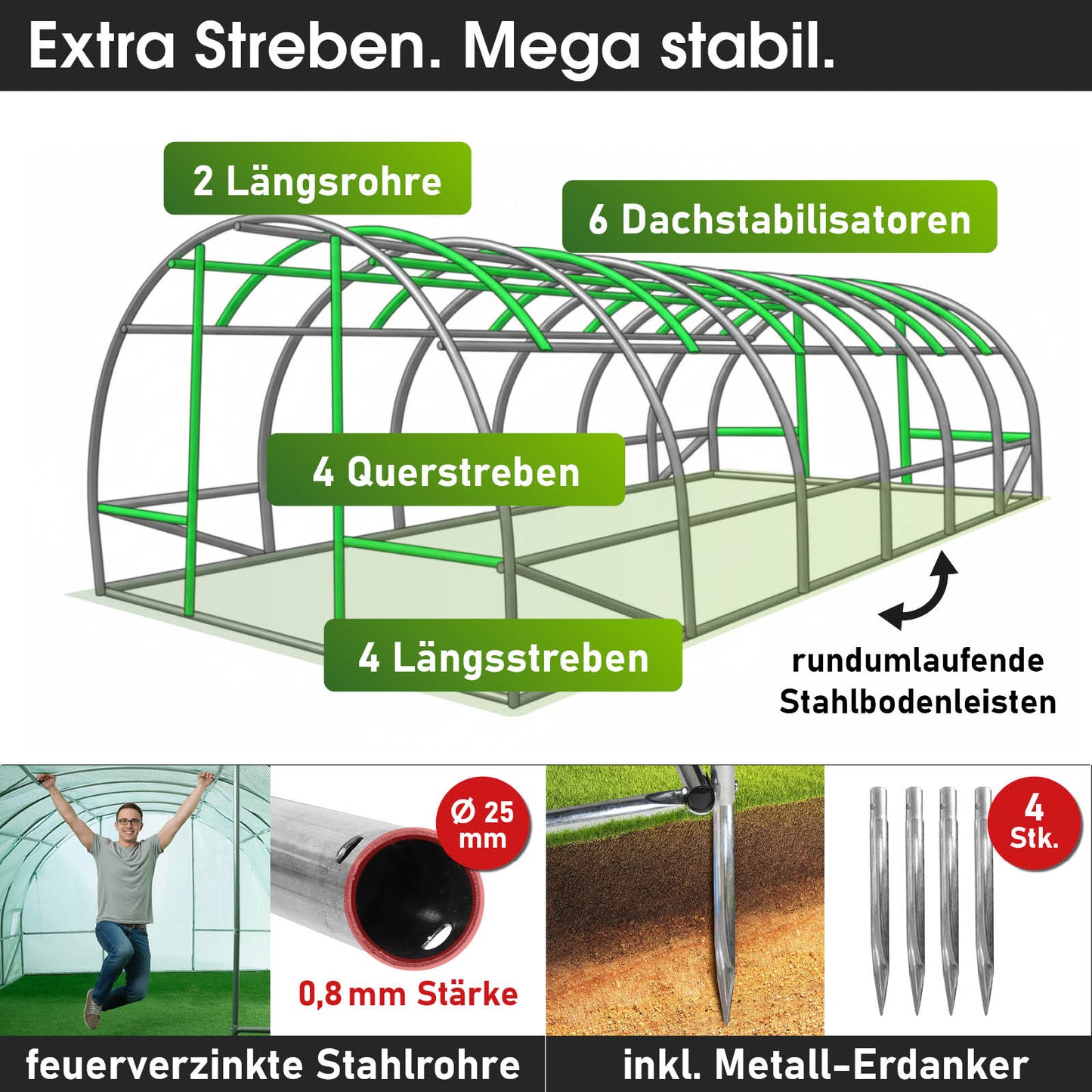 Foliengewächshaus 18 rollbar, 3x6m inkl. Erdanker & Unkrautvlies
