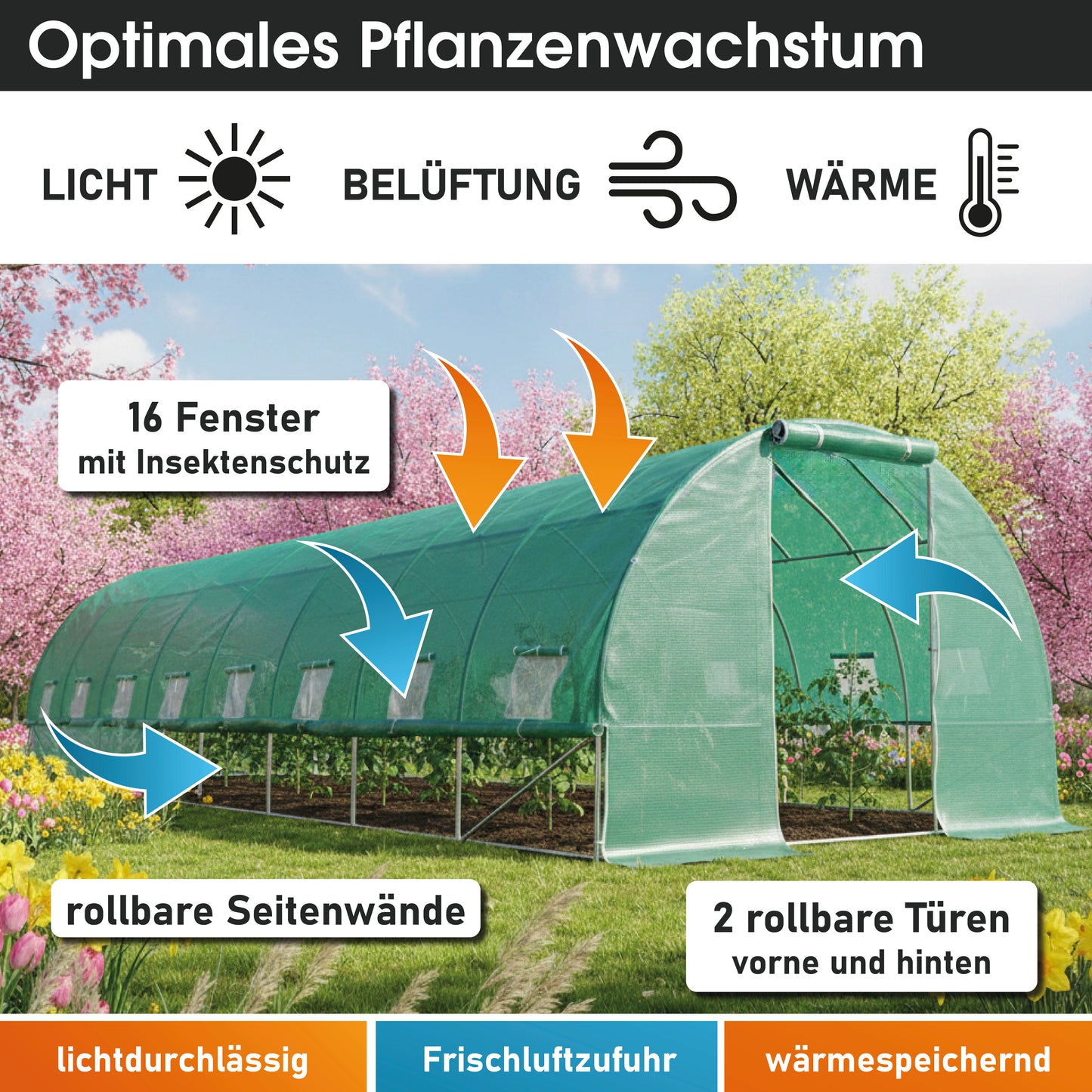 Foliengewächshaus 24 rollbar, 3x8m inkl. Erdanker & Unkrautvlies