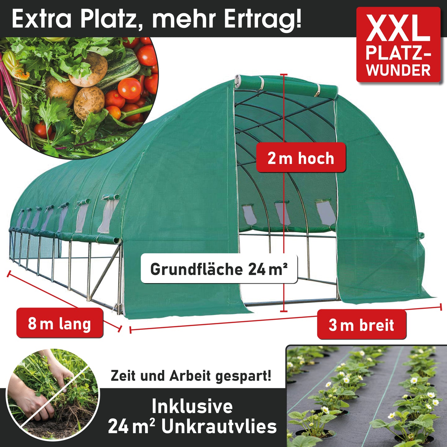 Foliengewächshaus 24 rollbar, 3x8m inkl. Erdanker & Unkrautvlies
