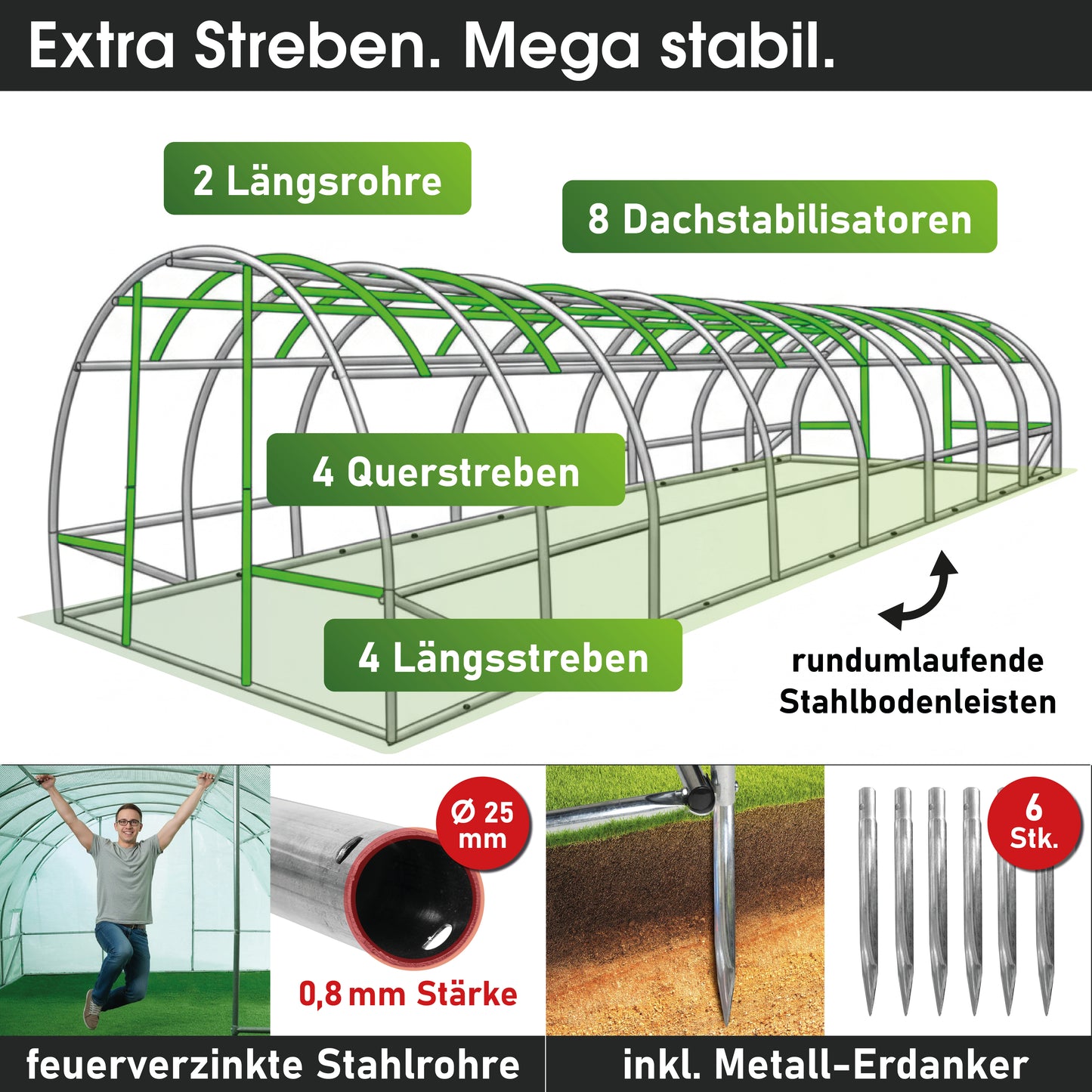 Foliengewächshaus 24 rollbar, 3x8m inkl. Erdanker & Unkrautvlies