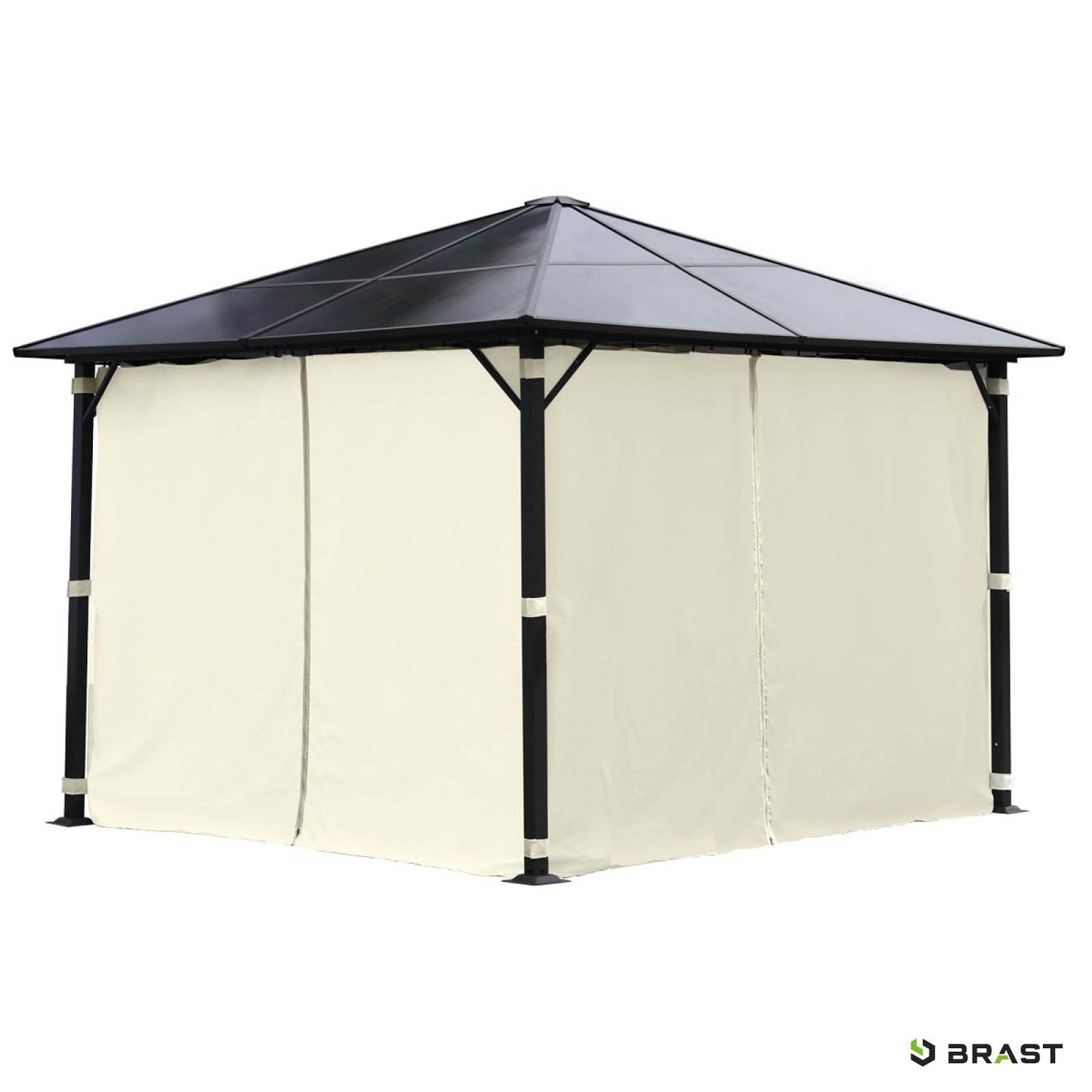 Beiger Alu Gartenpavillon 3x3m mit wasserdichten Seitenwänden, sturmfest und winterfest.
