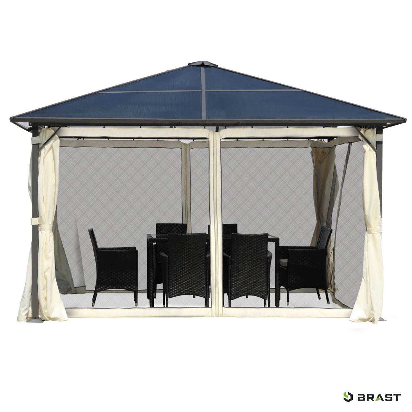 Beiger Alu Gartenpavillon 3x3m mit wasserdichtem Dach, stabil, sturmfest und winterfest, ganzjährig nutzbar.