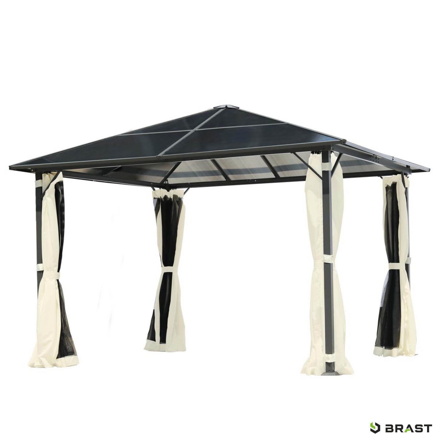 Beiger Alu Gartenpavillon 3x3m mit wasserdichten Seitenteilen, sturmfest und winterfest, stabil und ganzjährig nutzbar.
