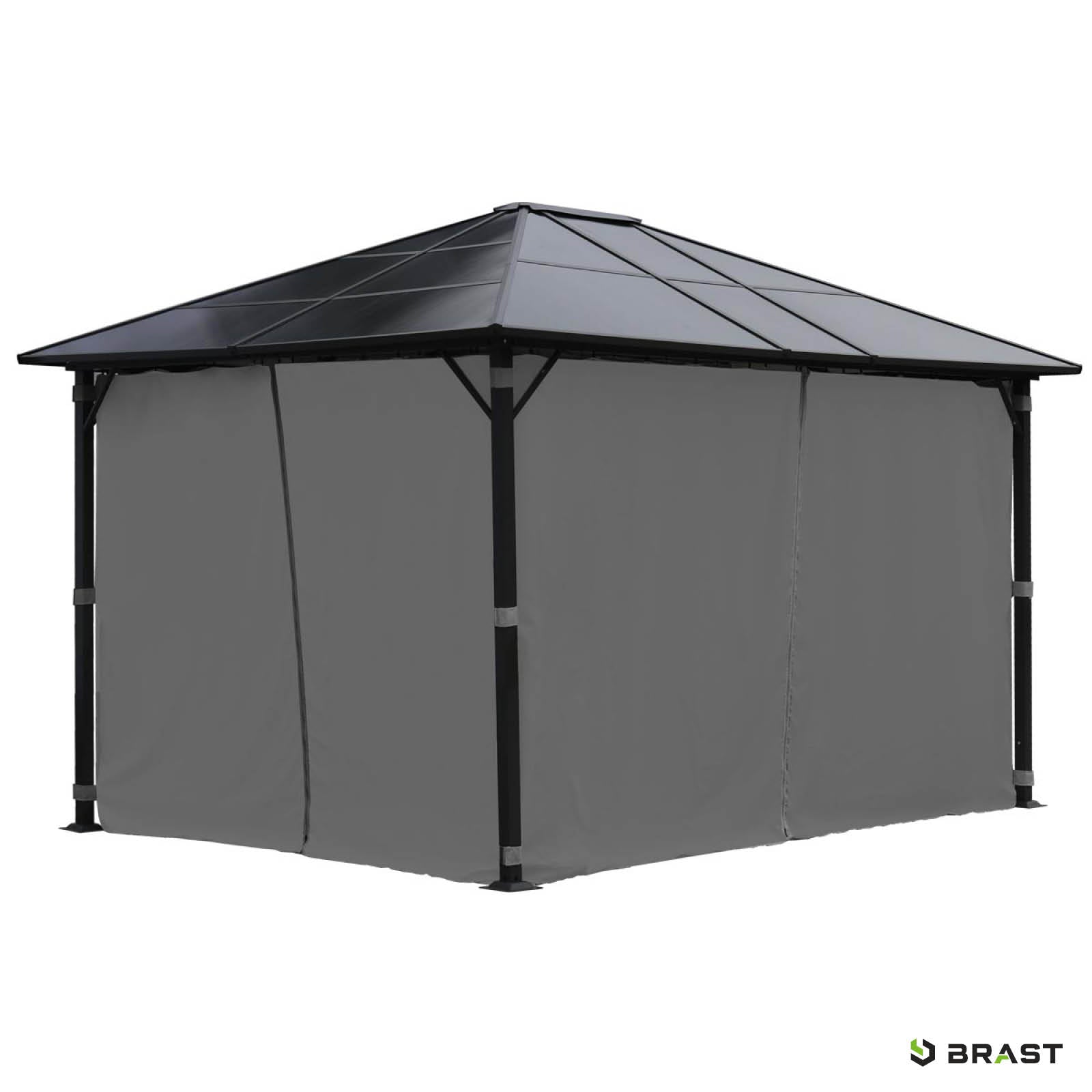 Grau Alu Gartenpavillon 3x4m mit festem Dach, sturmfest, winterfest und wasserdicht, stabil ganzjährig nutzbar.