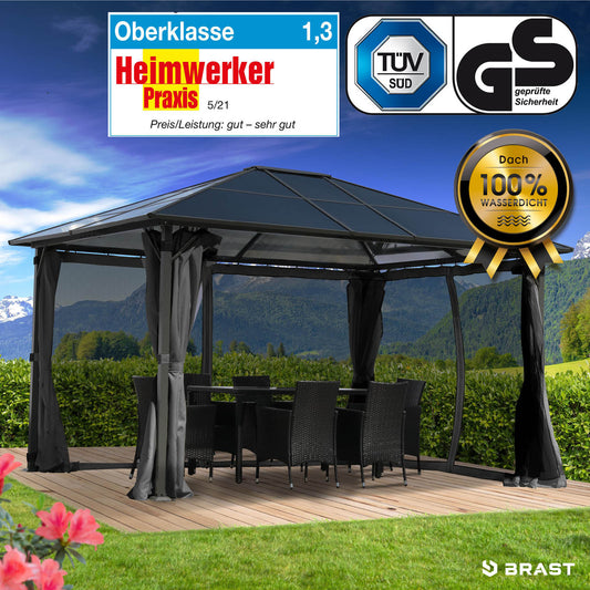 Grauer Aluminium-Gartenpavillon 3x4m mit festem Dach, sturmfest, winterfest, wasserdicht, stabil, ganzjährig nutzbar.