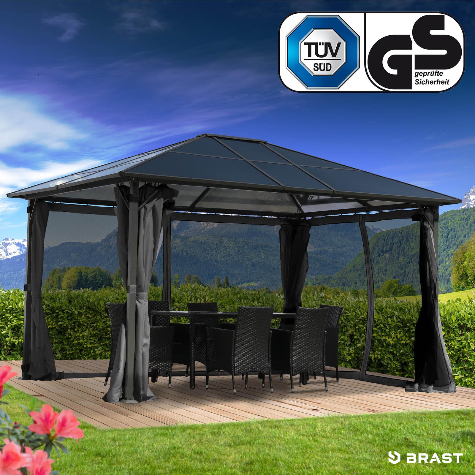 Grauer Alu-Pavillon 3x4m mit festem Dach, wasserdicht, sturmfest und winterfest, stabiler Gartenpavillon ganzjährig nutzbar.
