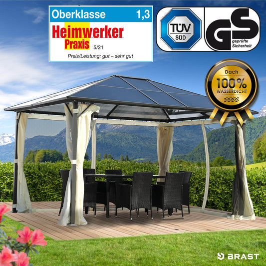Alu Pavillon PREMIUM mit festem Dach 3x4m beige