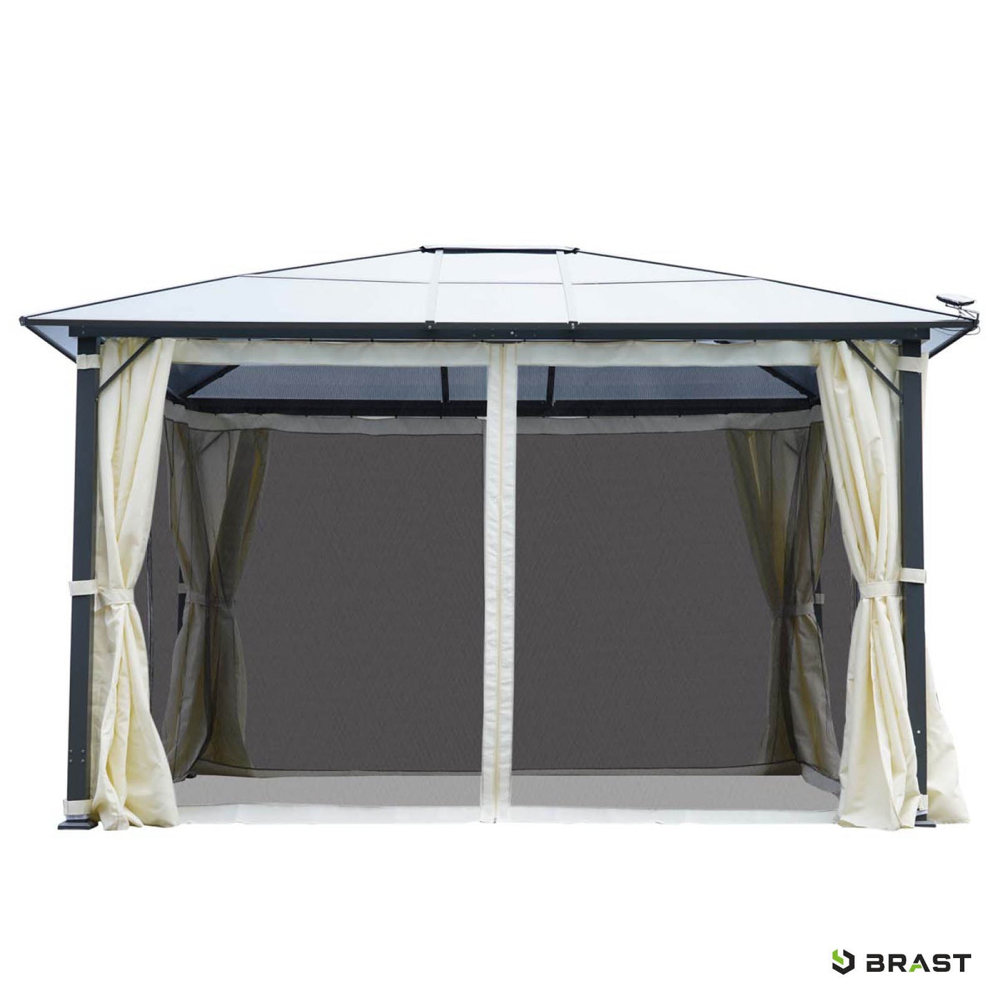 Beiger Aluminium Gartenpavillon 3x4m mit festem Dach, sturmfest, winterfest und wasserdicht, stabil und ganzjährig nutzbar.