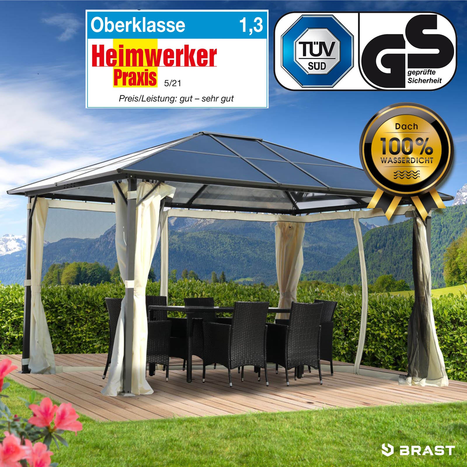 Beiger Alu Gartenpavillon 3x4m mit festem Dach, wasserdicht, stabil, sturm- und winterfest, ganzjährig nutzbar.