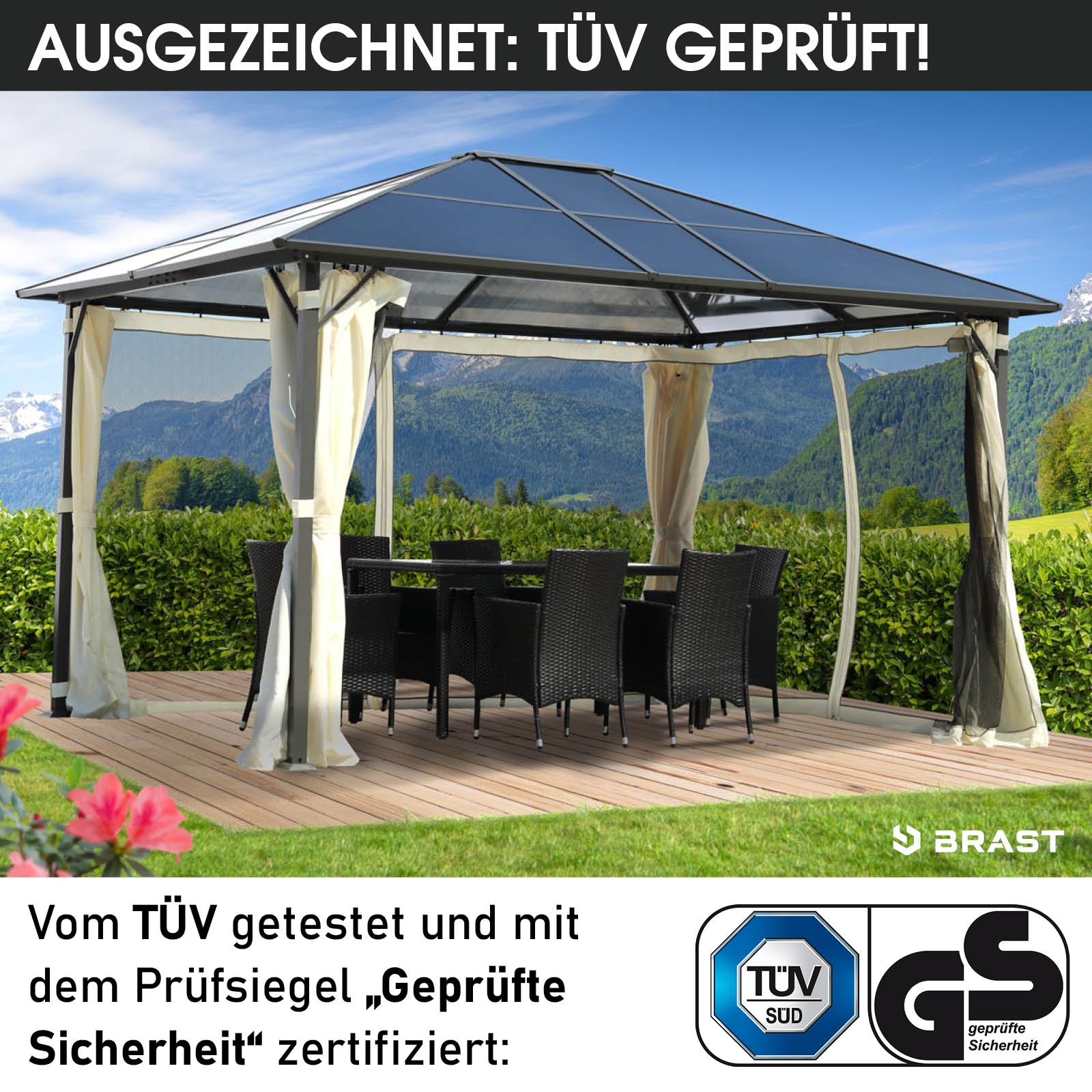 Beiger Alu Gartenpavillon 3x4m mit festem, wasserdichtem Dach, sturmfest und winterfest, stabil und ganzjährig nutzbar.