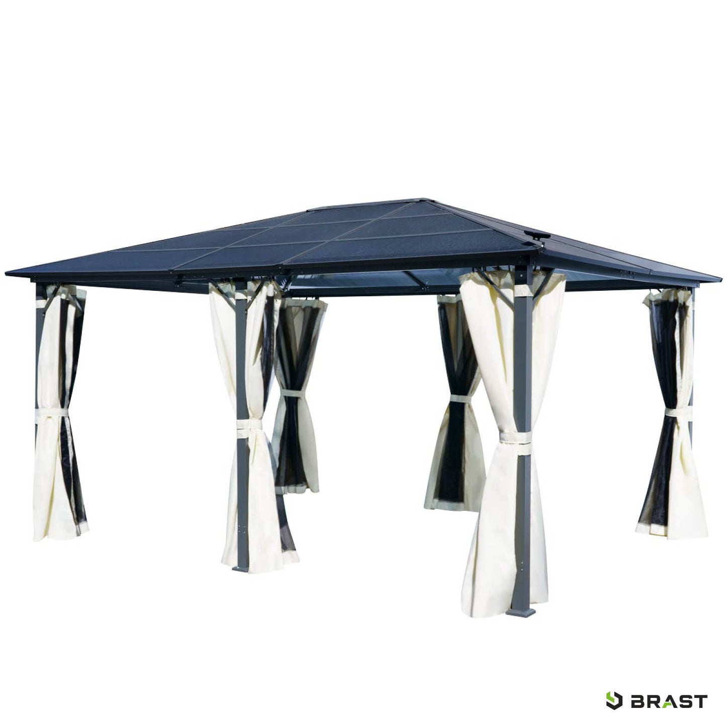Beiger Aluminium Gartenpavillon 3,6x4,8m mit dunkelblauem Dach, sturmfest, winterfest, wasserdicht, stabil, ganzjährig.
