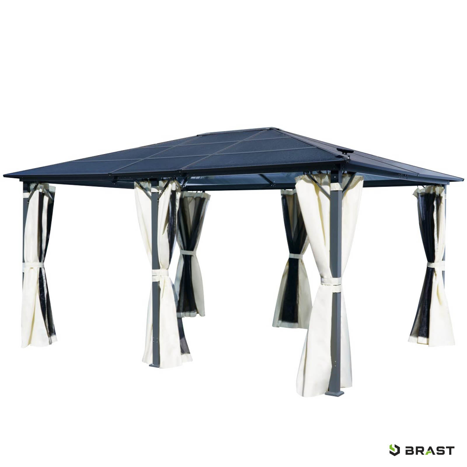 Beiger Aluminium Gartenpavillon 3,6x4,8m mit dunkelblauem Dach, sturmfest, winterfest, wasserdicht, stabil, ganzjährig.