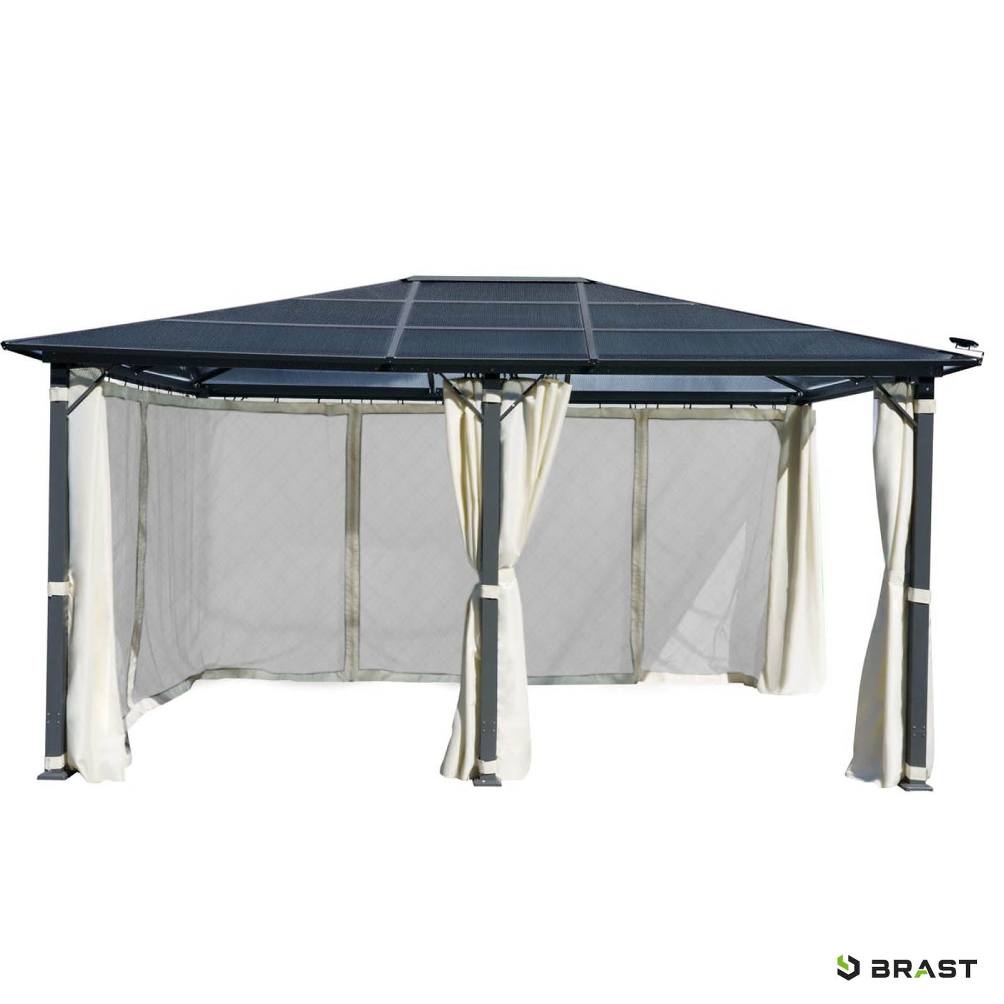 Beiger Alu Gartenpavillon 3,6x4,8m mit stabilem schwarzem Dach, wasserdicht, sturmfest und winterfest, ganzjährig nutzbar.