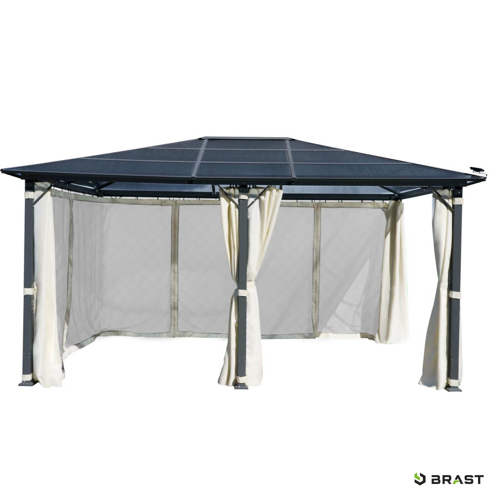 Beiger Alu Gartenpavillon 3,6x4,8m mit stabilem schwarzem Dach, wasserdicht, sturmfest und winterfest, ganzjährig nutzbar.