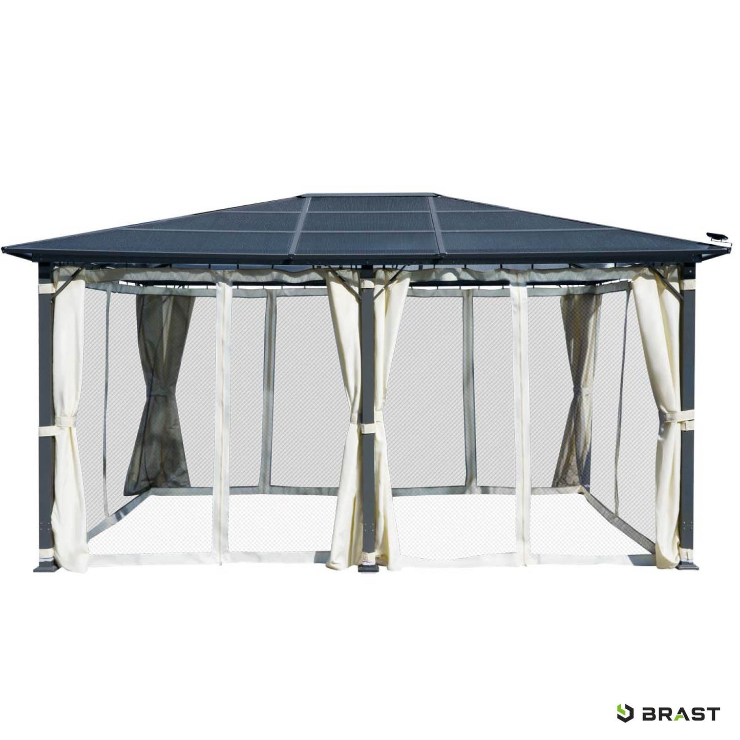 Beiger Alu Gartenpavillon 3,6x4,8m mit stabilem, wasserdichtem Dach und transparenten Seitenteilen, sturmfest und winterfest .