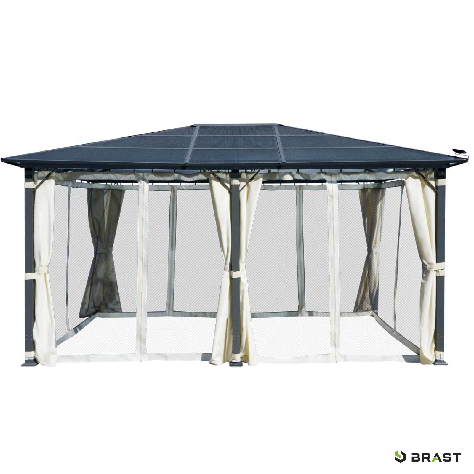 Beiger Alu Gartenpavillon 3,6x4,8m mit stabilem, wasserdichtem Dach und transparenten Seitenteilen, sturmfest und winterfest .