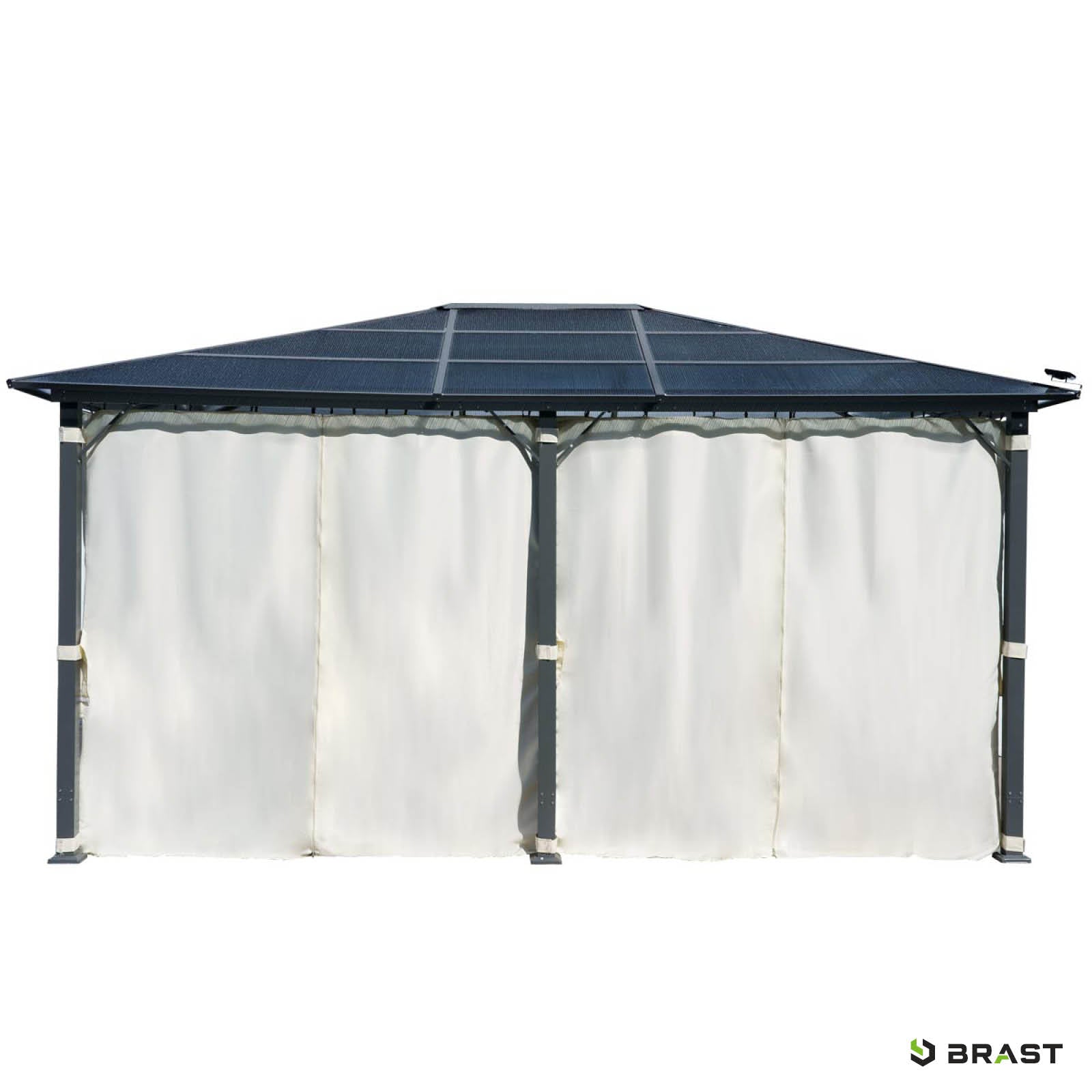 Beiger Pavillon aus Aluminium mit stabilem, wasserdichtem Dach und geschlossenen Seiten, gartenpavillon sturmfest winterfest .
