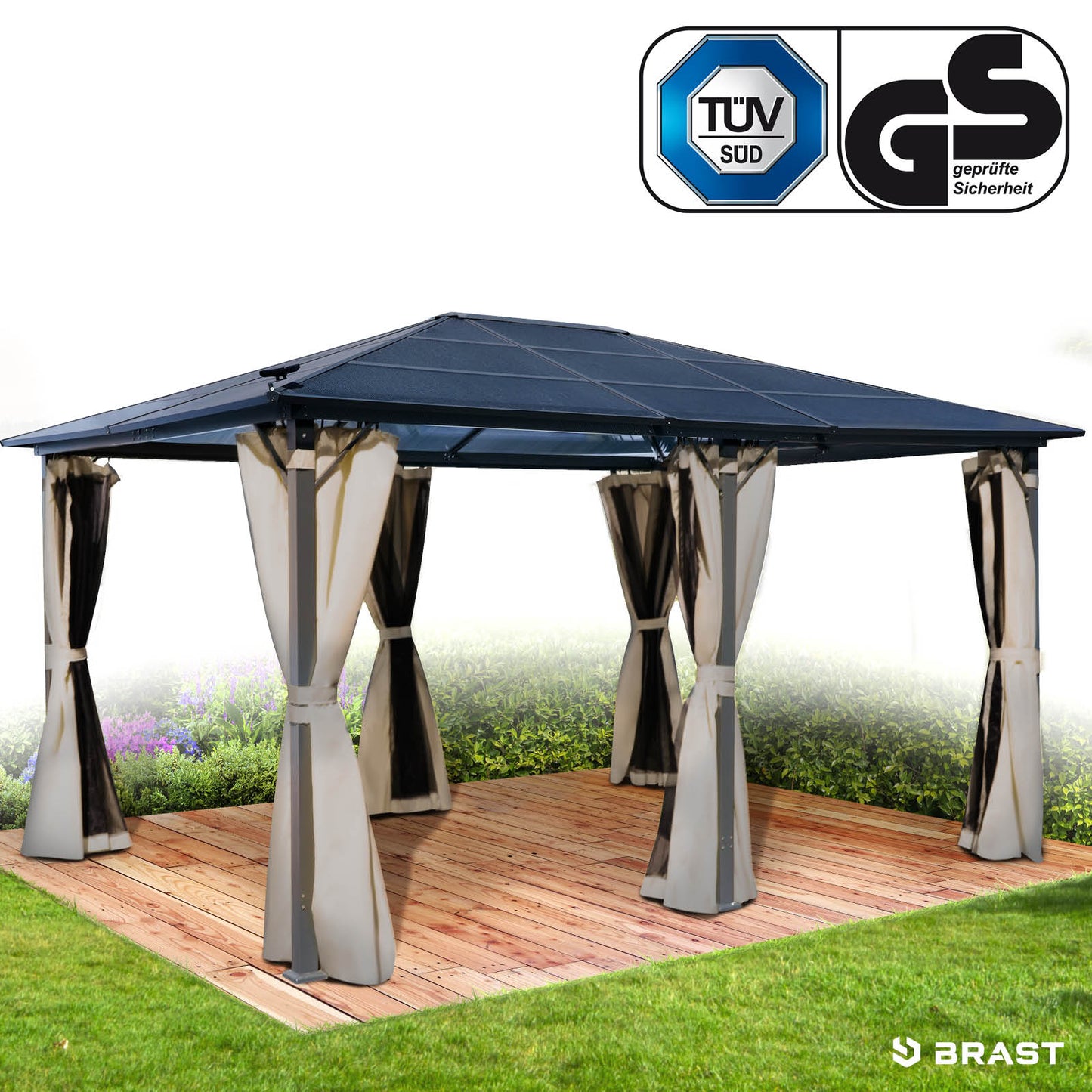 Beiger Alu Gartenpavillon 3,6x4,8m mit dunkelblauem wasserdichtem Dach, pavillon sturmfest und winterfest, stabiler.