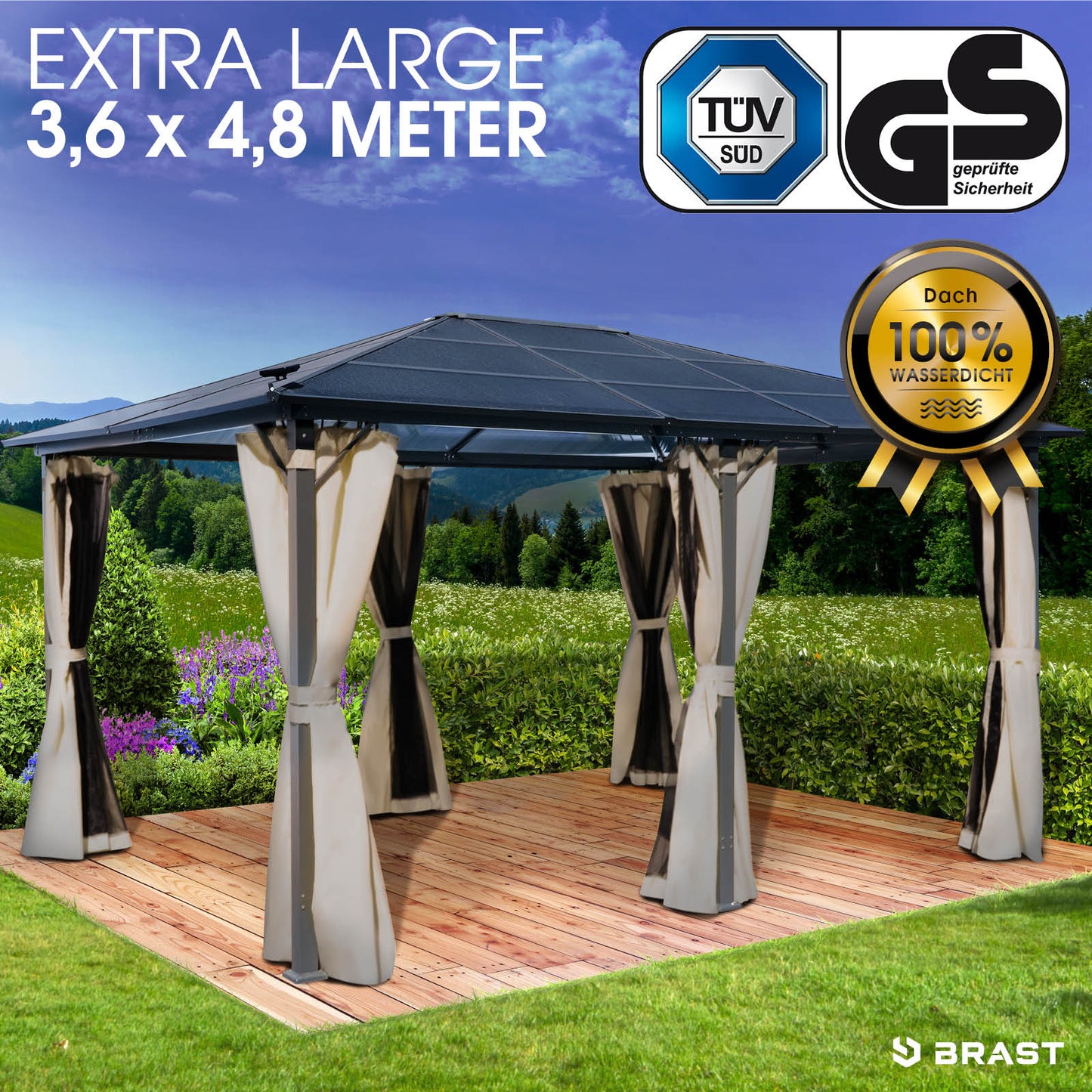 Beiger Alu Gartenpavillon 3,6x4,8m mit stabiler, wasserdichter Überdachung, winterfest und sturmfest.
