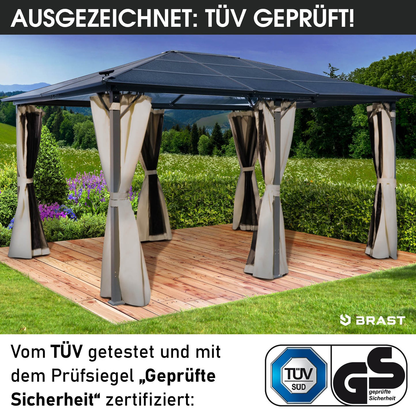 Beiger Alu Gartenpavillon 3,6x4,8m mit wasserdach, sturmfest und winterfest, stabil und ganzjährig nutzbar.
