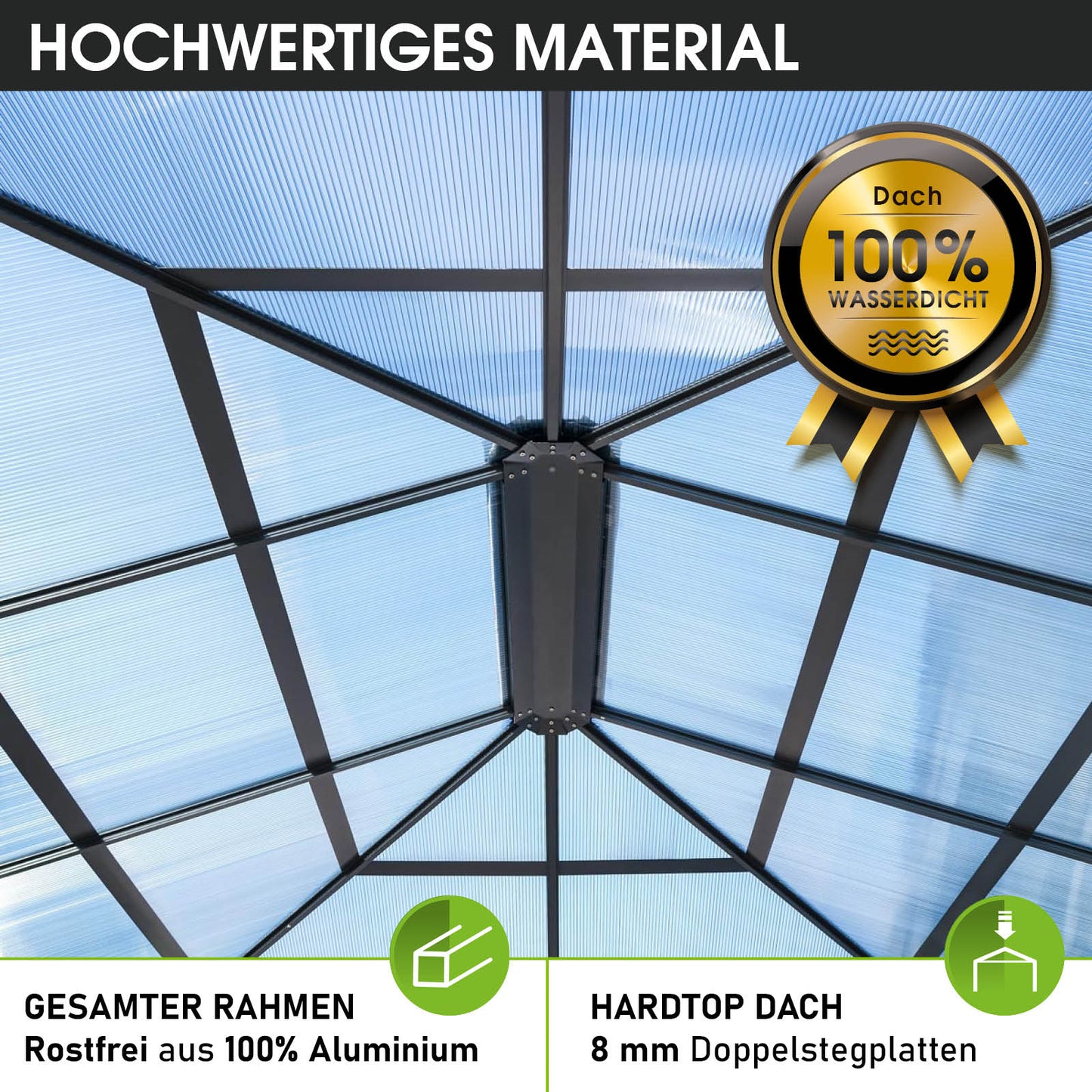 Gartenpavillon mit stabilem Aluminiumrahmen und wasserdach aus Harttop-Platte, sturmfest und winterfest, ganzjährig nutzbar.