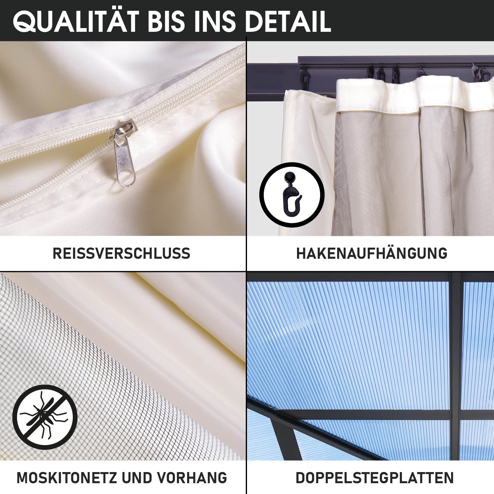 Beige Gartenpavillon mit Reißverschluss, Hakenaufhängung, Moskitonetz und Doppelstegplatten, stabil, wasserdicht,.