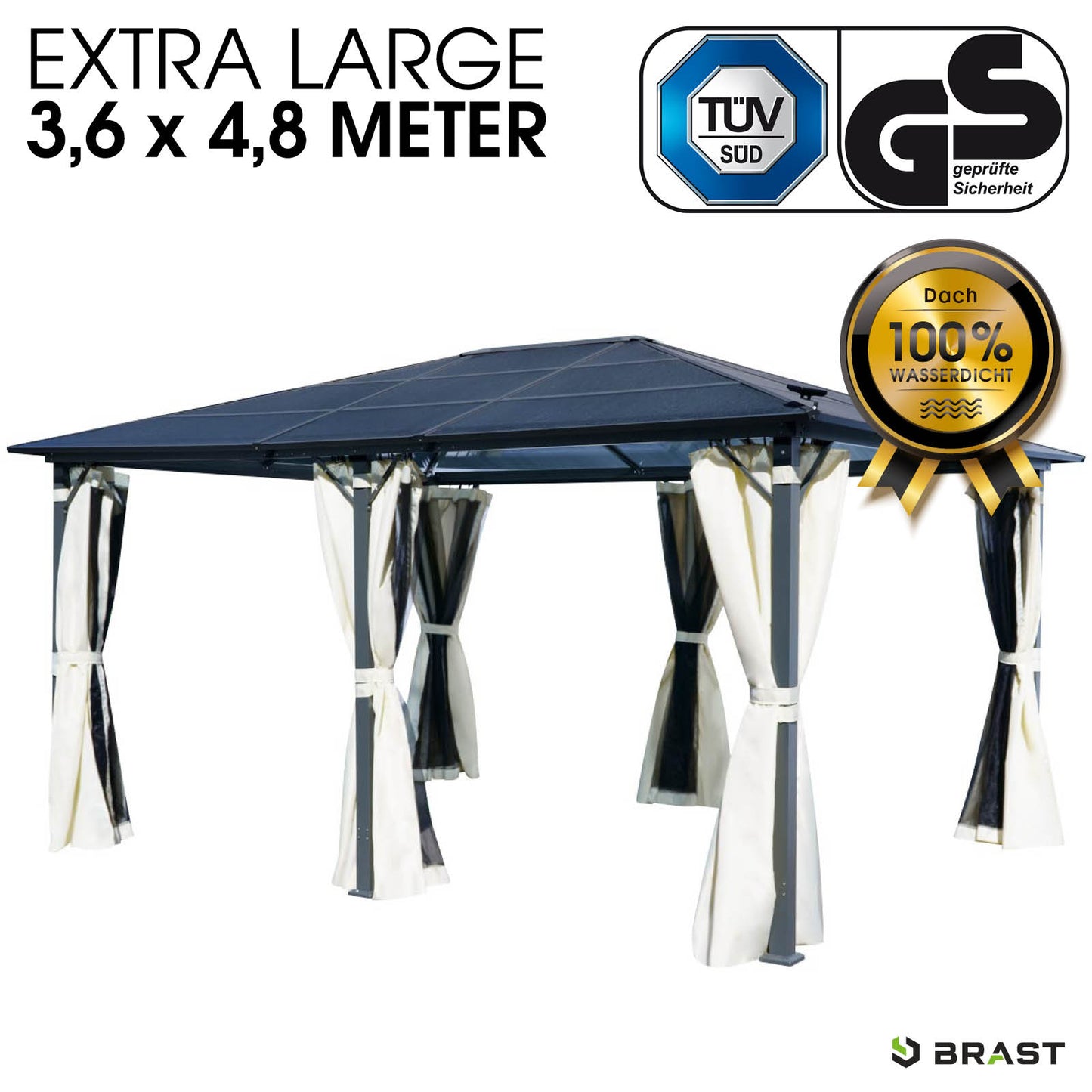 Großer blauer gartenpavillon aus aluminium, wasserdicht, stabil, sturmfest und winterfest, 3,6x4,8m.