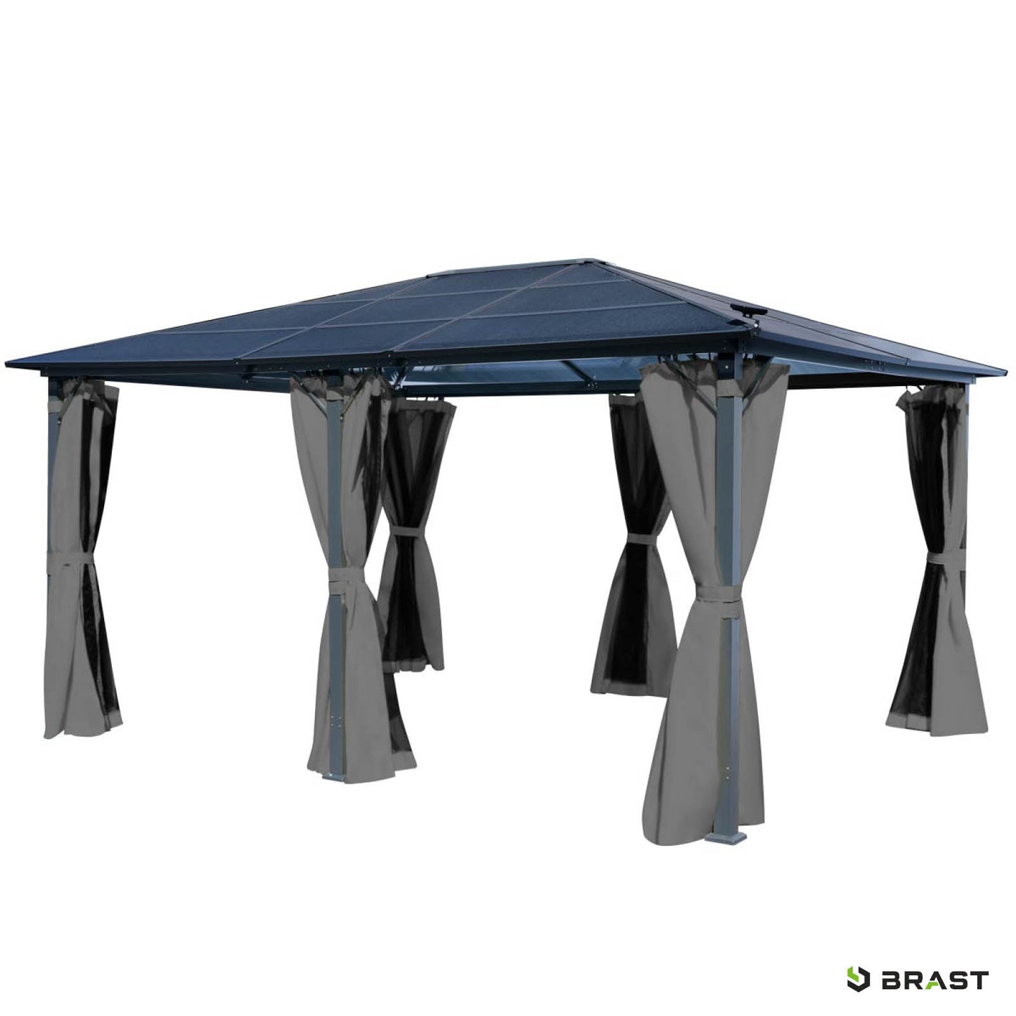 Grau-blauer Aluminium Gartenpavillon 3,6x4,8 m mit wasserdichtem Dach und sturmfesten, winterfesten Vorhängen, stabil und.