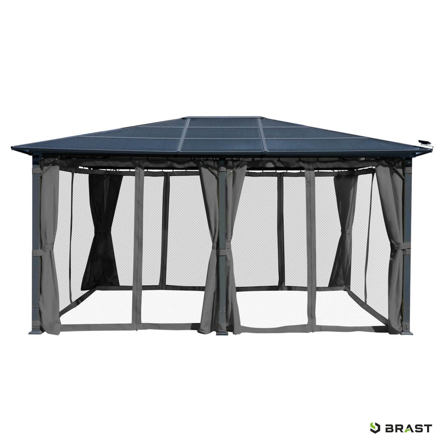 Grauer Aluminium-Gartenpavillon 3,6x4,8 m mit Moskitonetz, sturmfest, winterfest, wasserdicht, stabil, ganzjährig nutzbar.