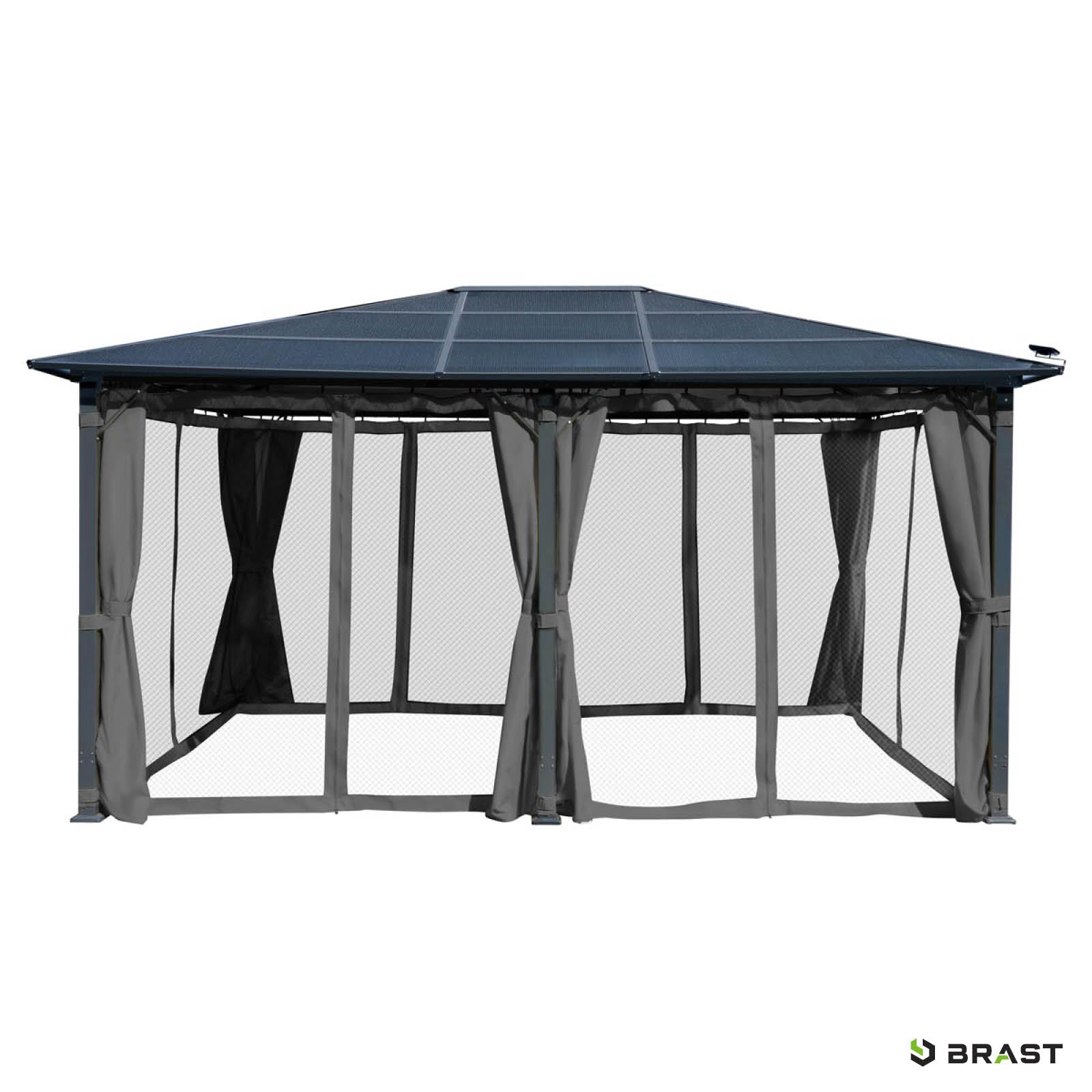 Grauer Aluminium-Gartenpavillon 3,6x4,8 m mit Moskitonetz, sturmfest, winterfest, wasserdicht, stabil, ganzjährig nutzbar.