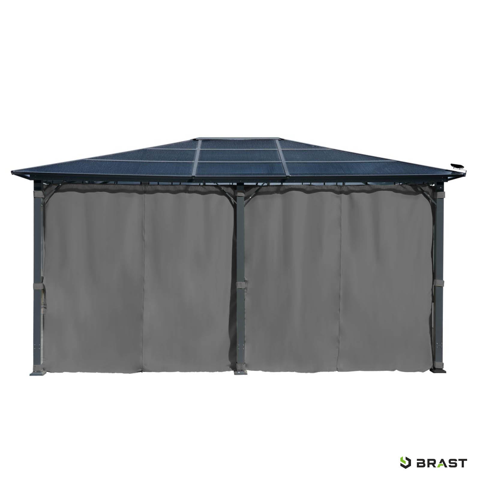 Grau beschichteter Alu-Gartenpavillon 3,6x4,8 m mit wasserdach, sturmfest, winterfest, stabil und ganzjährig nutzbar.