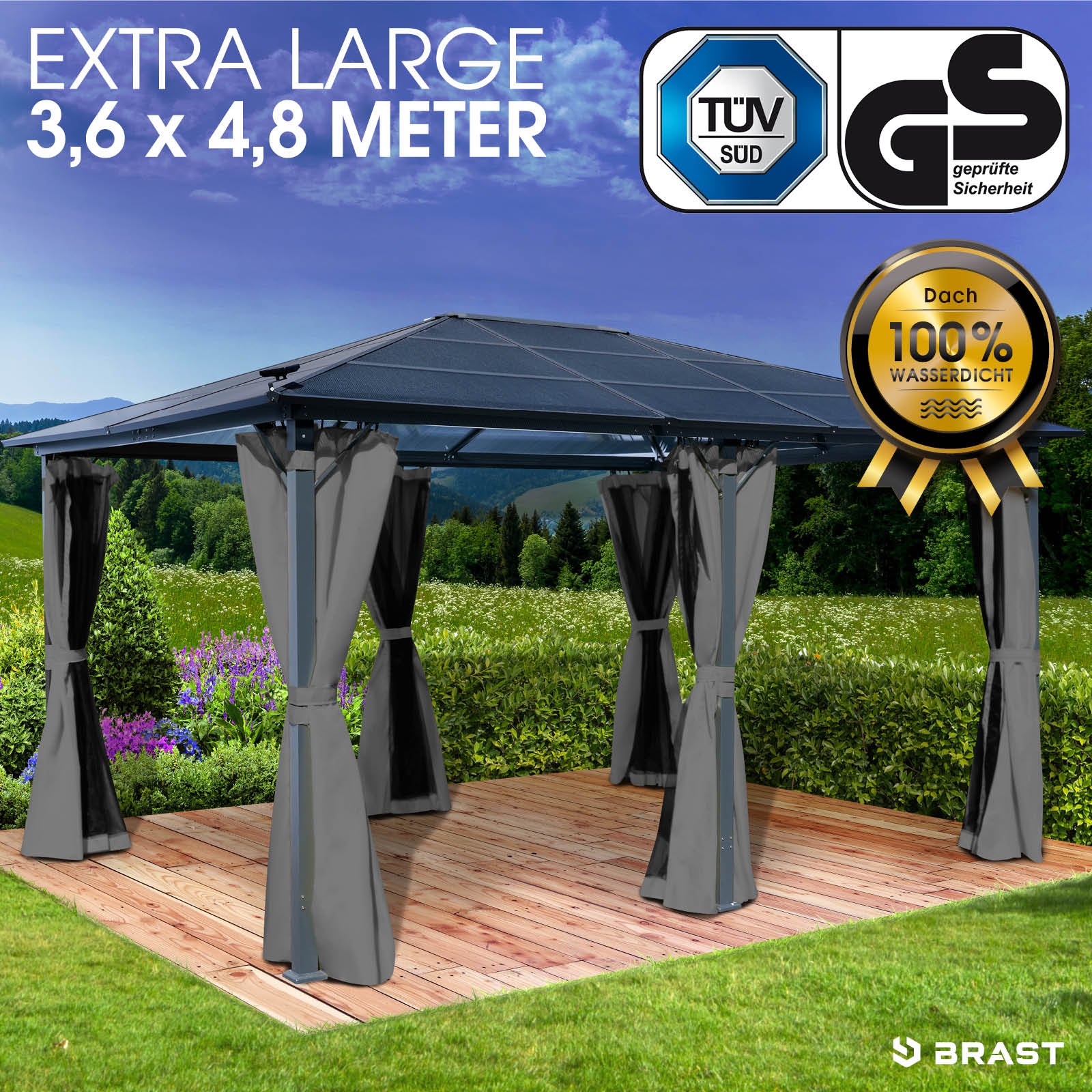 Grau aluminium gartenpavillon 3,6x4,8 m mit wasserdach, stabilem rahmen, ganzjährig winterfest und sturmfest.
