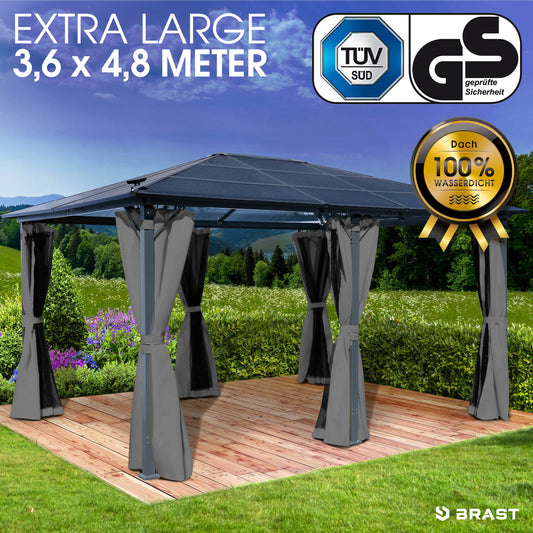 Grau aluminium gartenpavillon 3,6x4,8 m mit wasserdach, stabilem rahmen, ganzjährig winterfest und sturmfest.