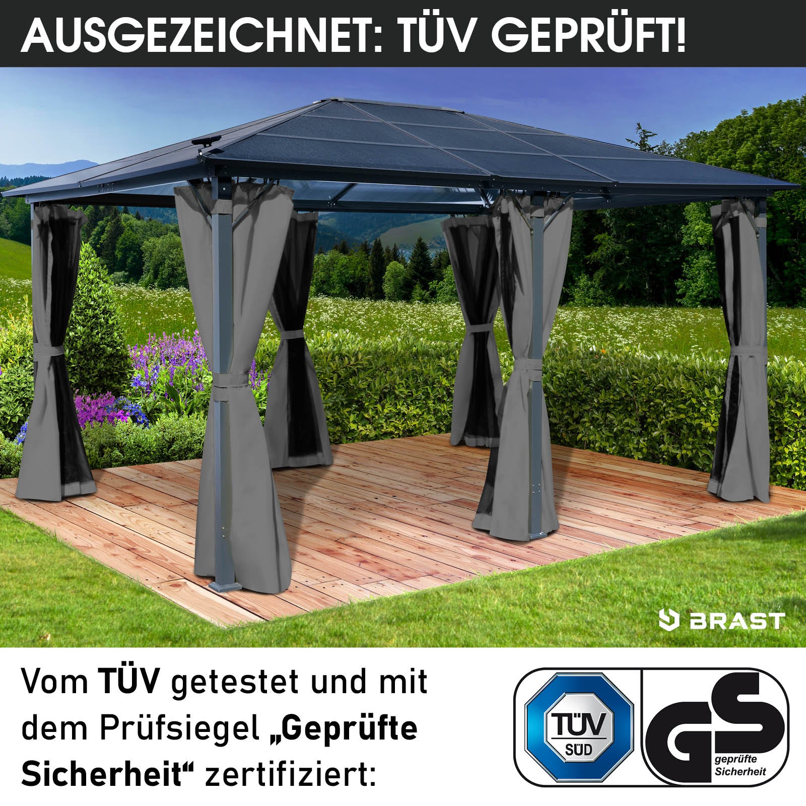 Grau-moderner Alu-Gartenpavillon 3,6x4,8 m mit wasserdach, sturmfest, winterfest und stabil für ganzjährigen Gebrauch.