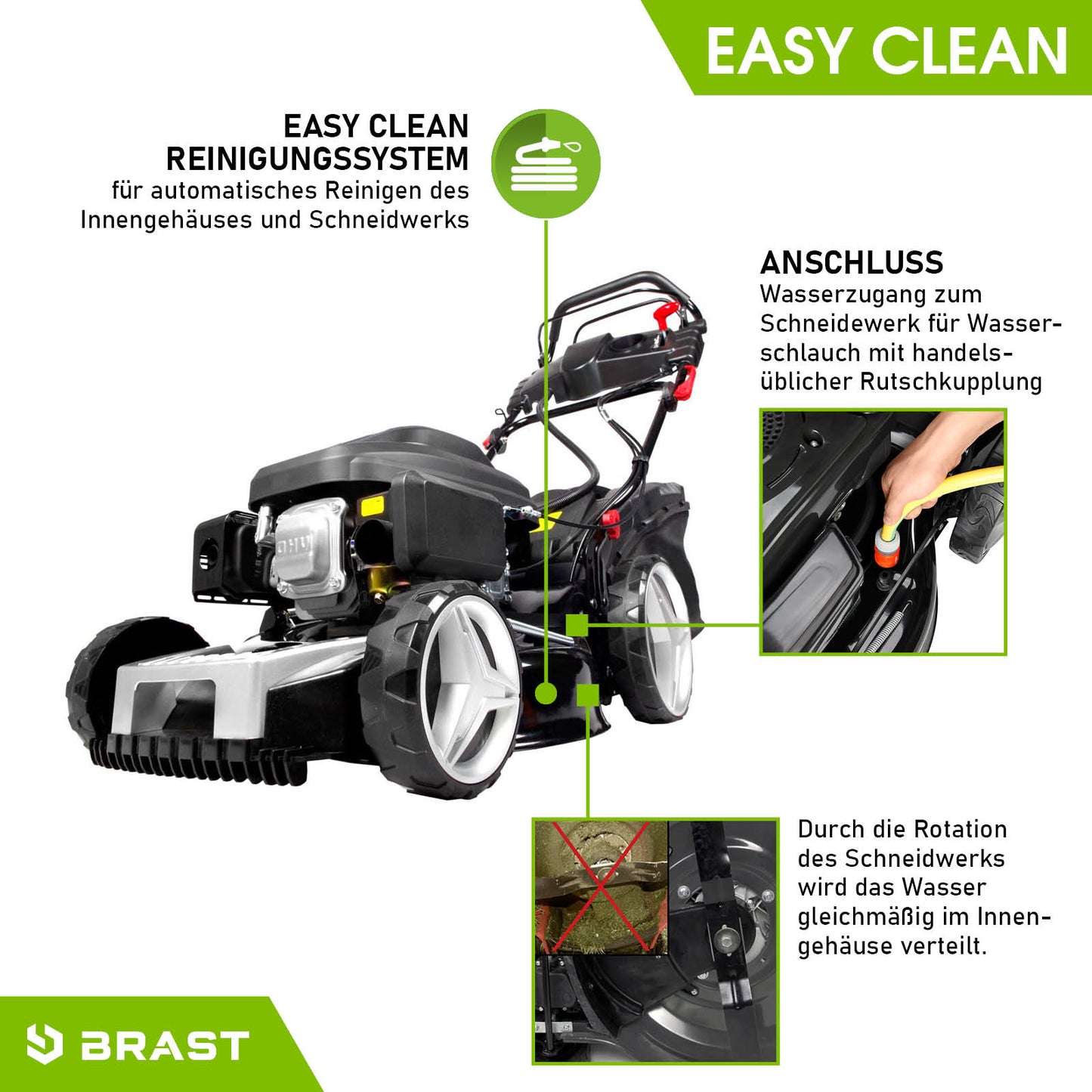 Schwarzer Benzin-Rasenmäher mit Elektrostart, großem Fangkorb und Easy Clean Reinigungsfunktion.