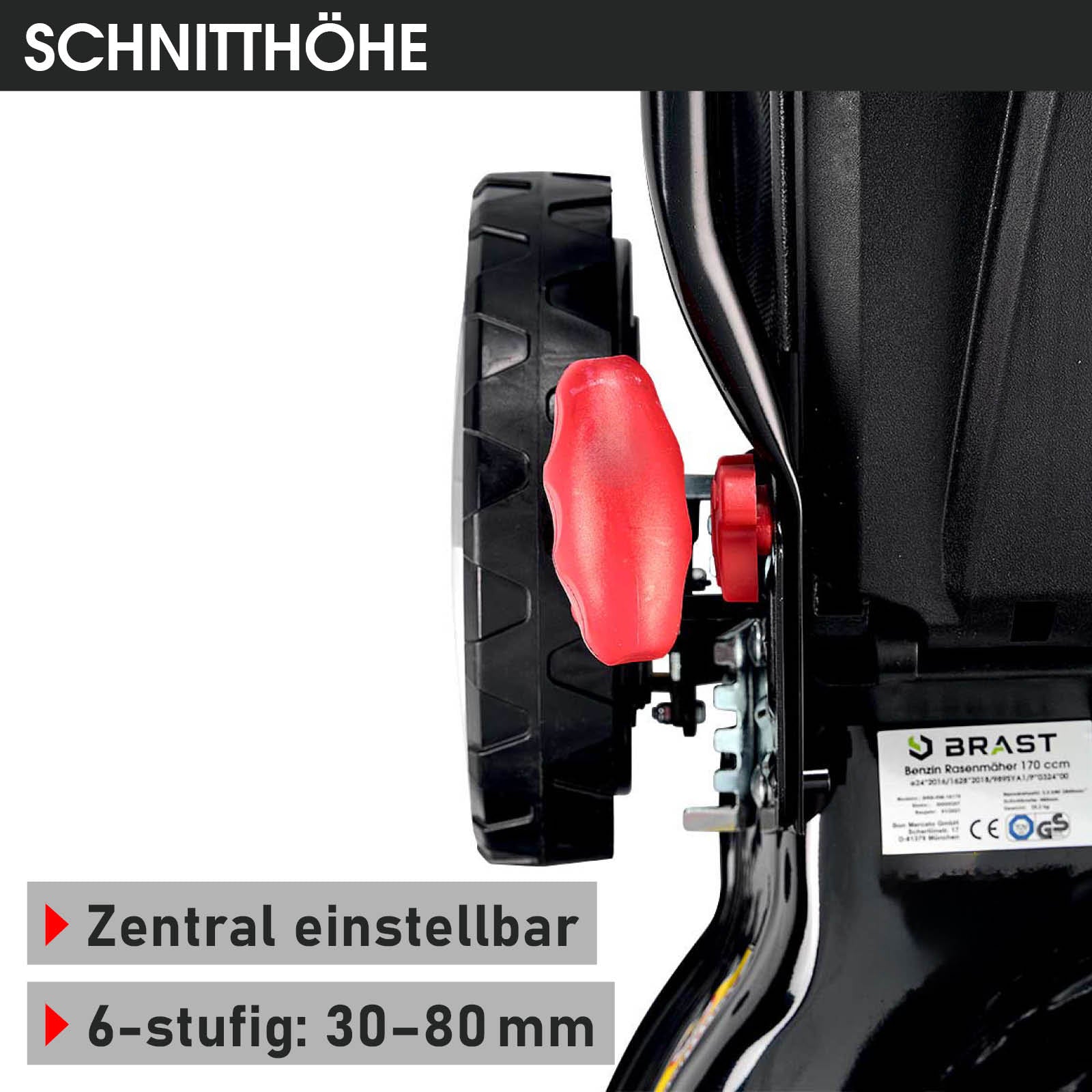 Schwarzes Rasenmäherrad mit rotem Drehknopf zur zentralen Schnitthöhenverstellung, 6-stufig von 30 bis 80 mm.