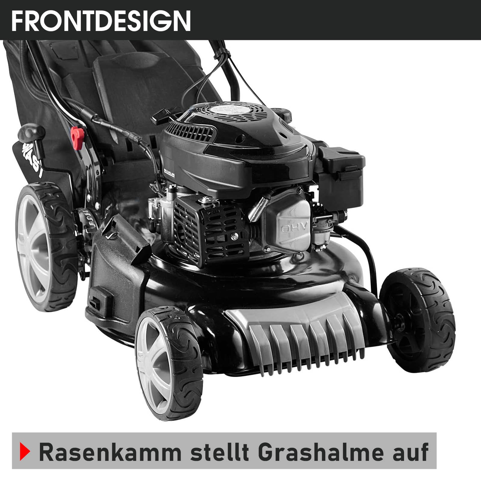 Schwarzer Benzin-Rasenmäher mit 18-Zoll-Mähdeck, E-Start und Grasfangkorb, Nahaufnahme Front.