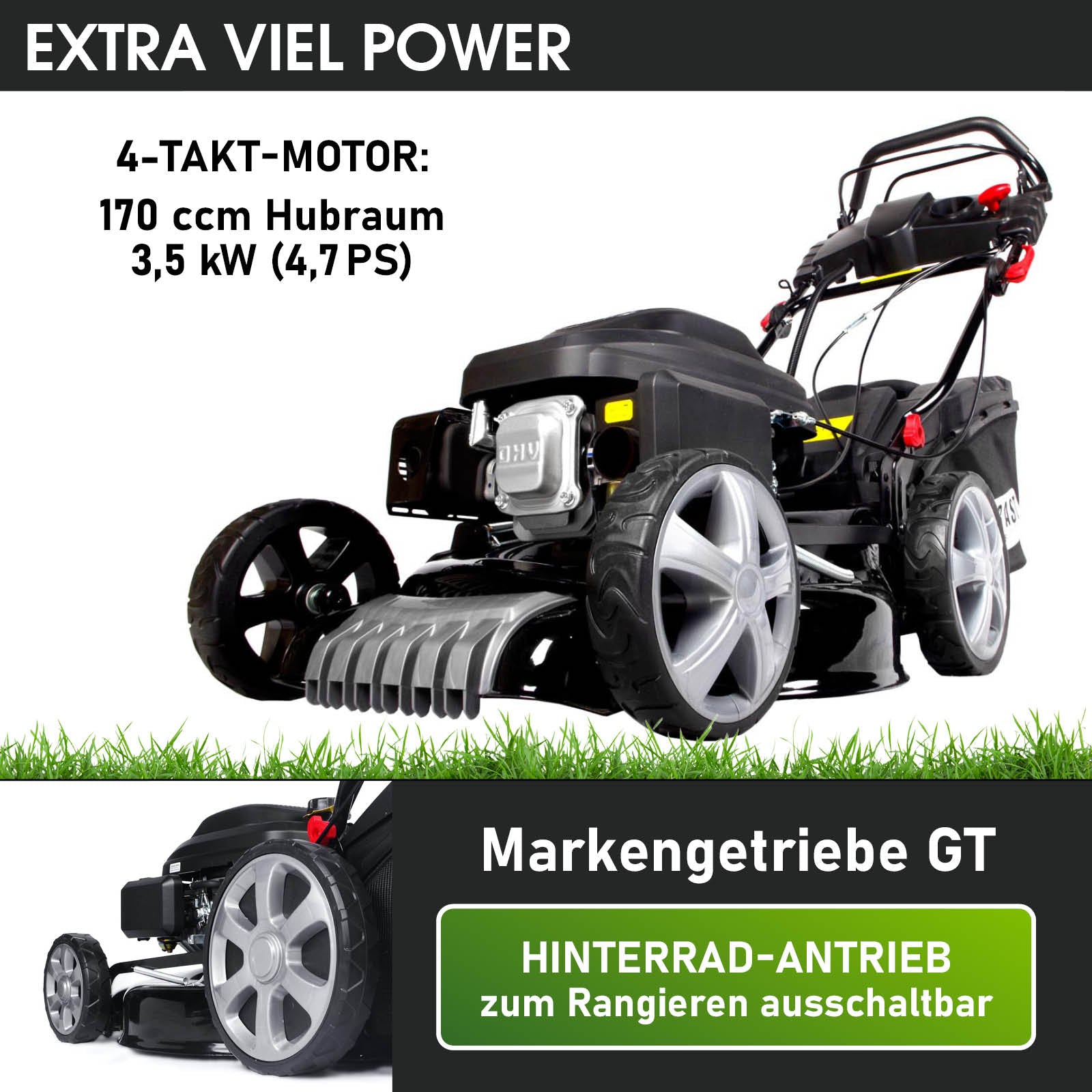 Schwarzer Benzin-Rasenmäher mit 18 Zoll Rädern, E-Start, Mulchfunktion und Hinterradantrieb.