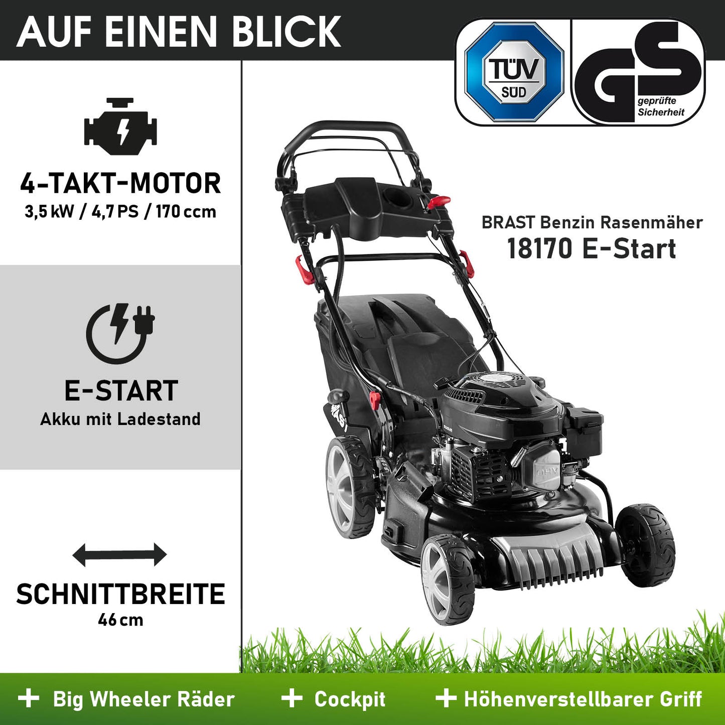 Schwarzer BRAST Benzin-Rasenmäher 18170 E-Start mit 4-Takt-Motor, 46 cm Schnittbreite und höhenverstellbarem Griff.