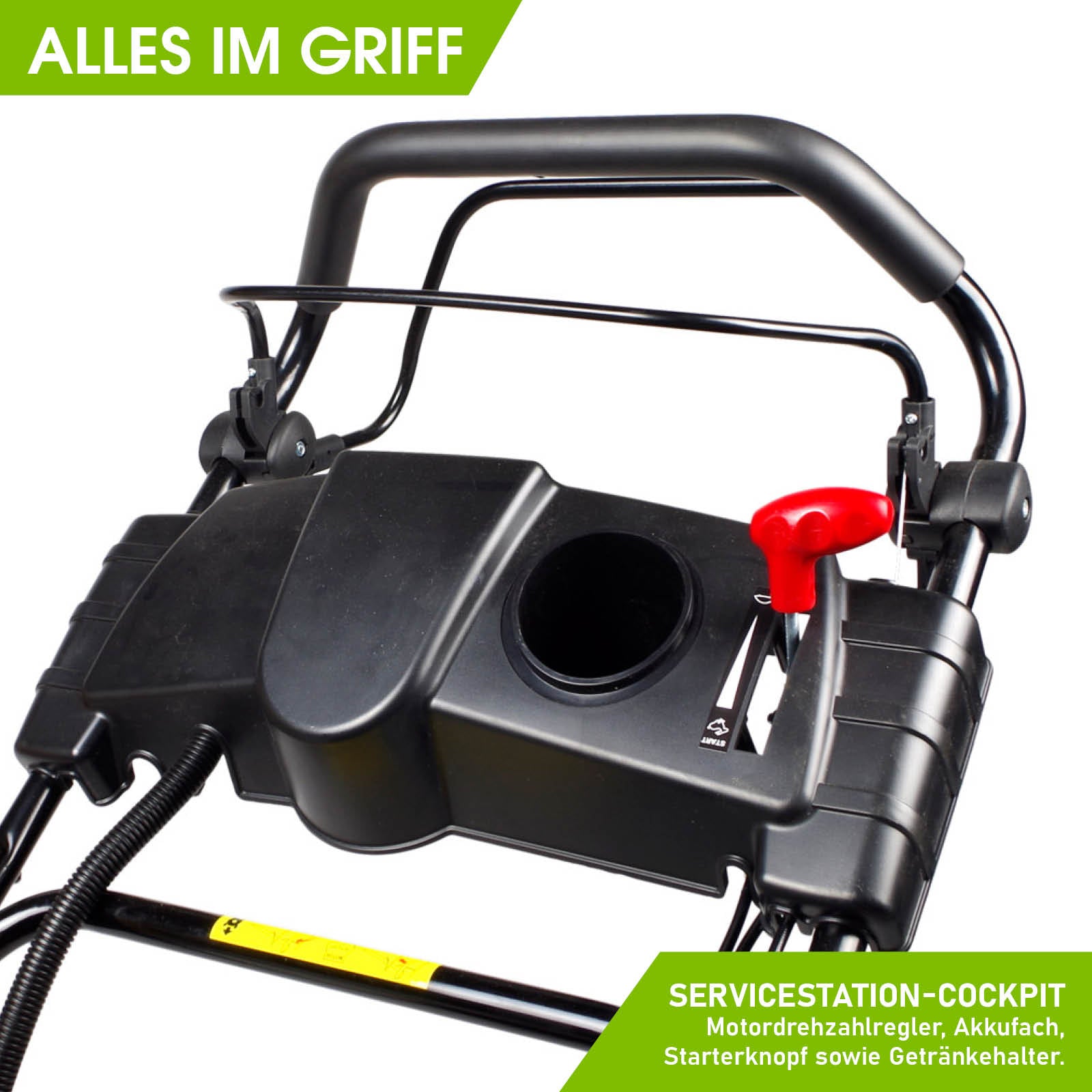 Nahaufnahme Cockpit mit rotem Elektrostartknopf und schwarzem Griff am Benzin Rasenmäher.
