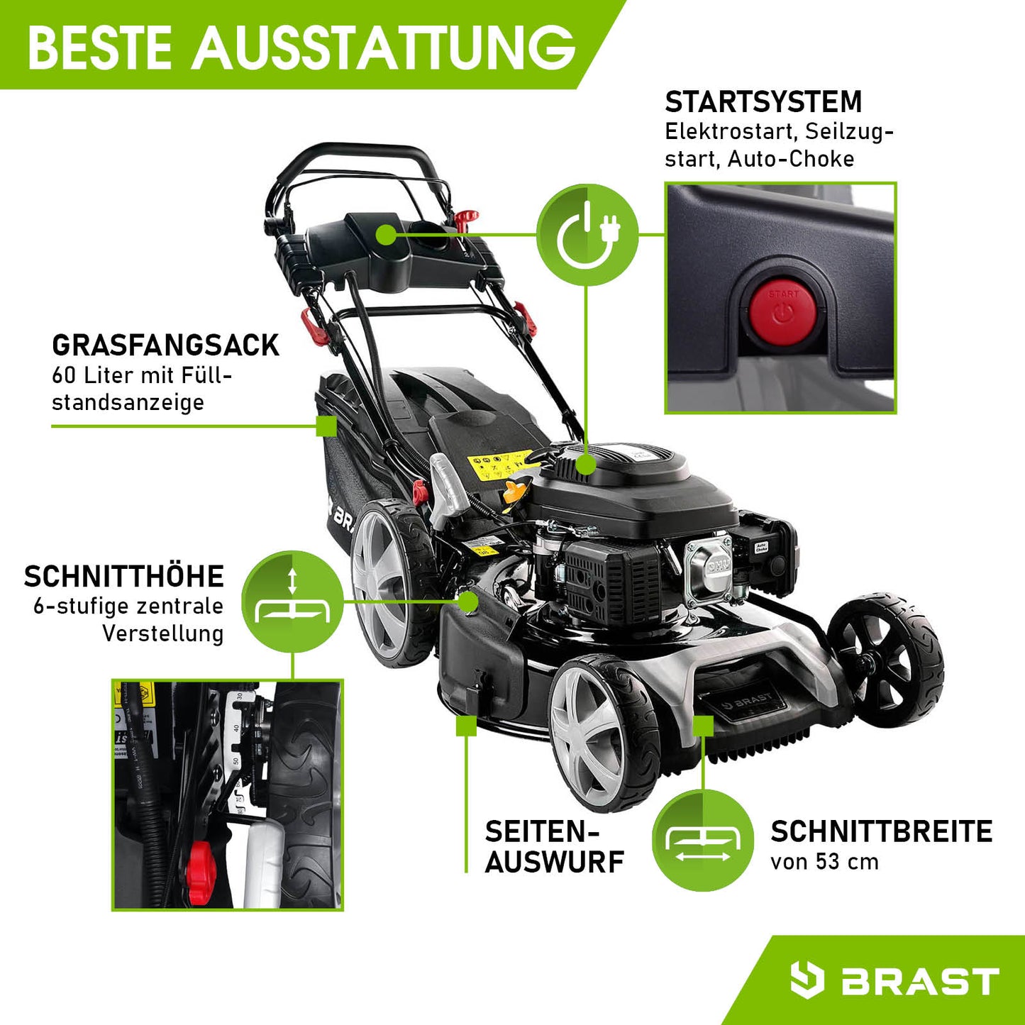 Schwarzer Benzin-Rasenmäher mit Elektrostart, Grasfangsack, seitlichem Auswurf, 53 cm Schnittbreite, Radantrieb.