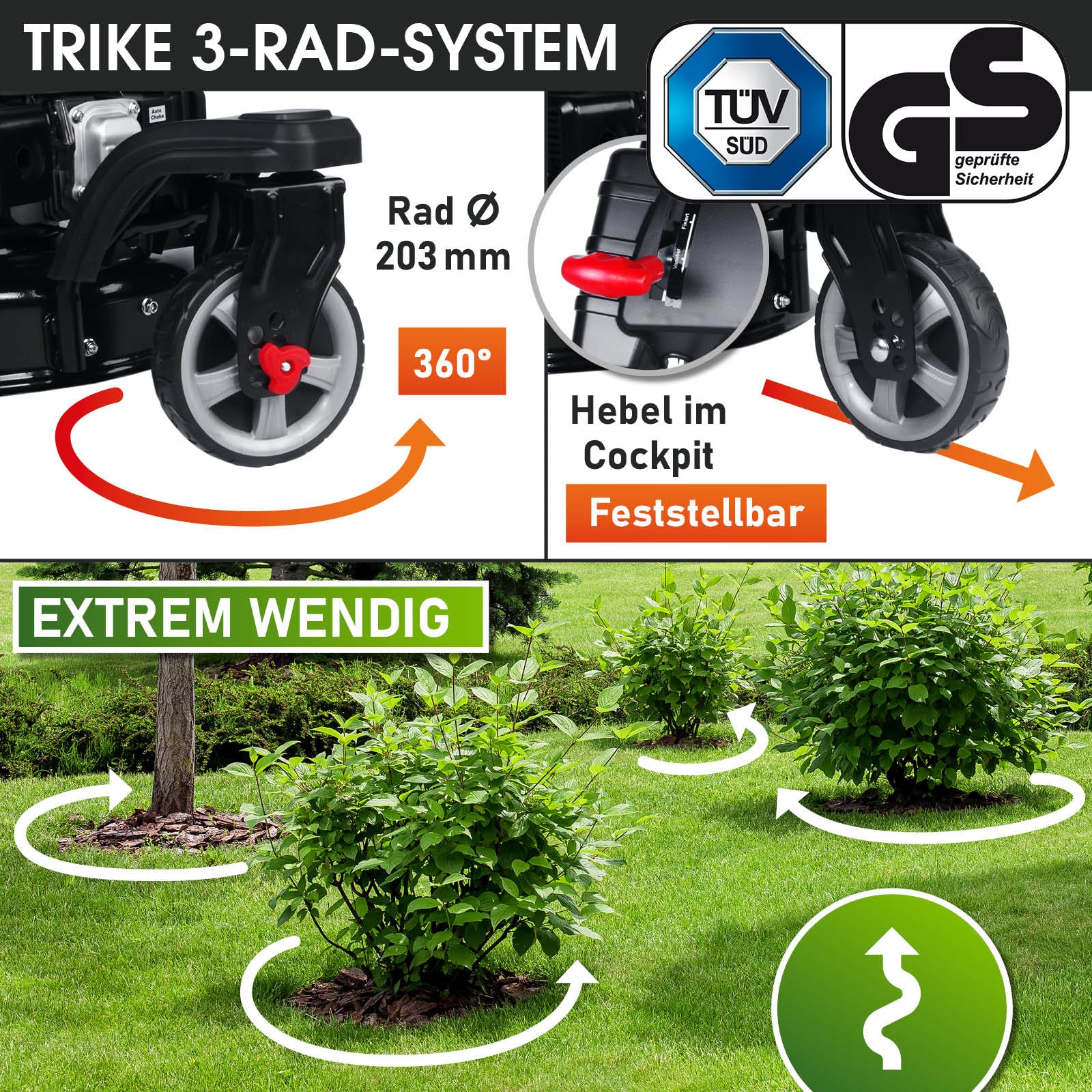 Schwarzer BRAST Benzin Rasenmäher mit dreirädrigem Trike-System, rot-schwarzes Rad, Hebel im Cockpit, wendig im Garten.